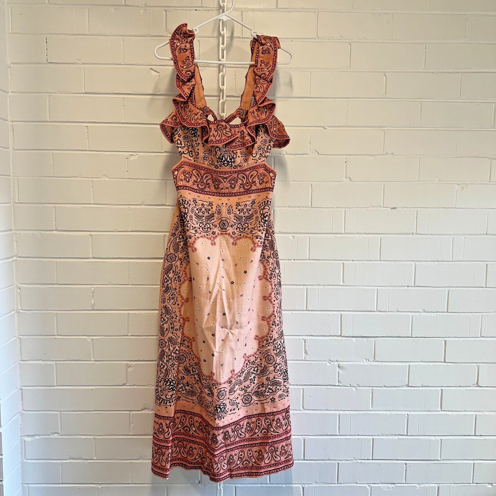 ZIMMERMANN Matchmaker Frilled Midi Dress Pink Bandana Sz 2 AU10 US6Linen