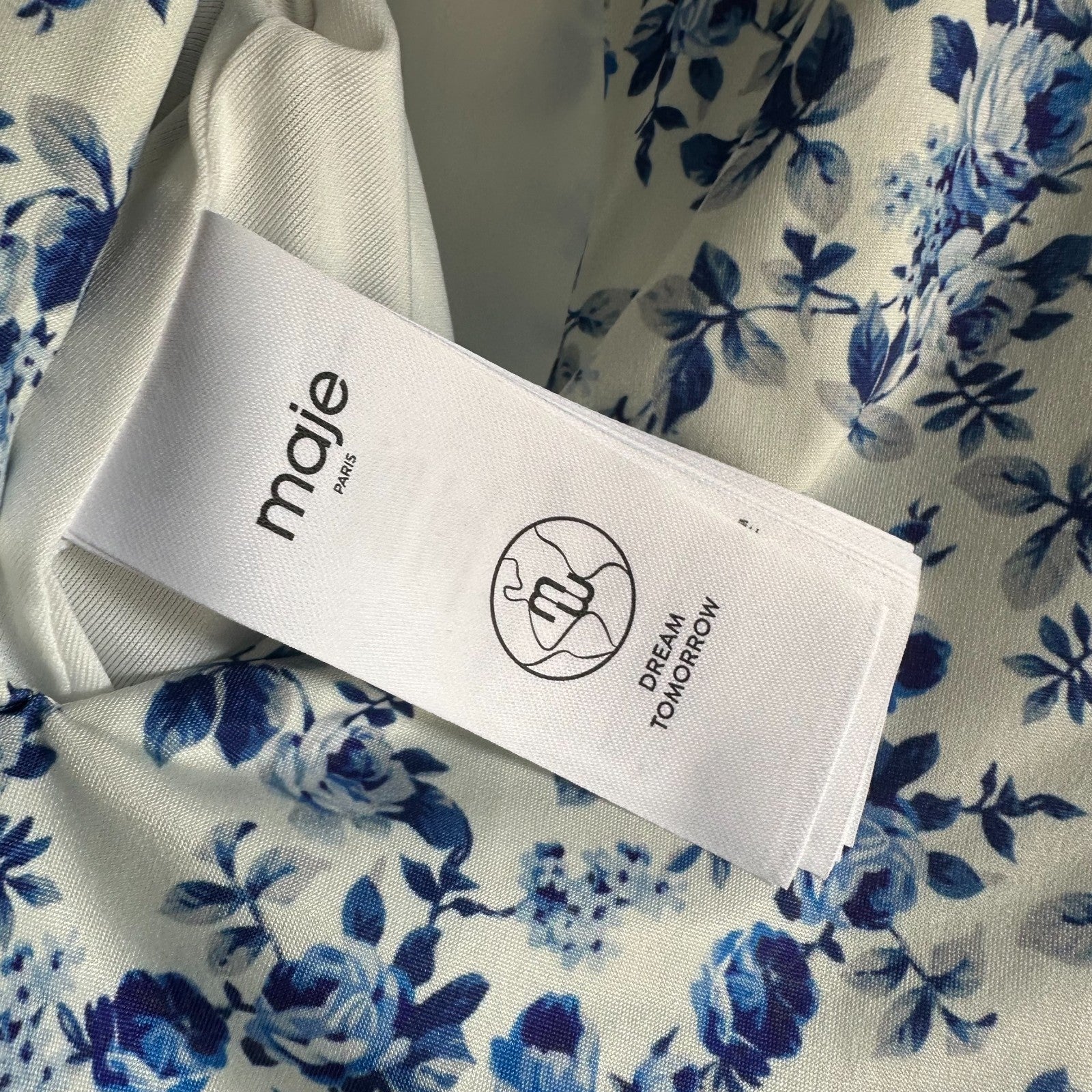 MAJE Floral Sleeveless Midi Dress EU40 AU12 Ruched Bodycon Blue and Ivory