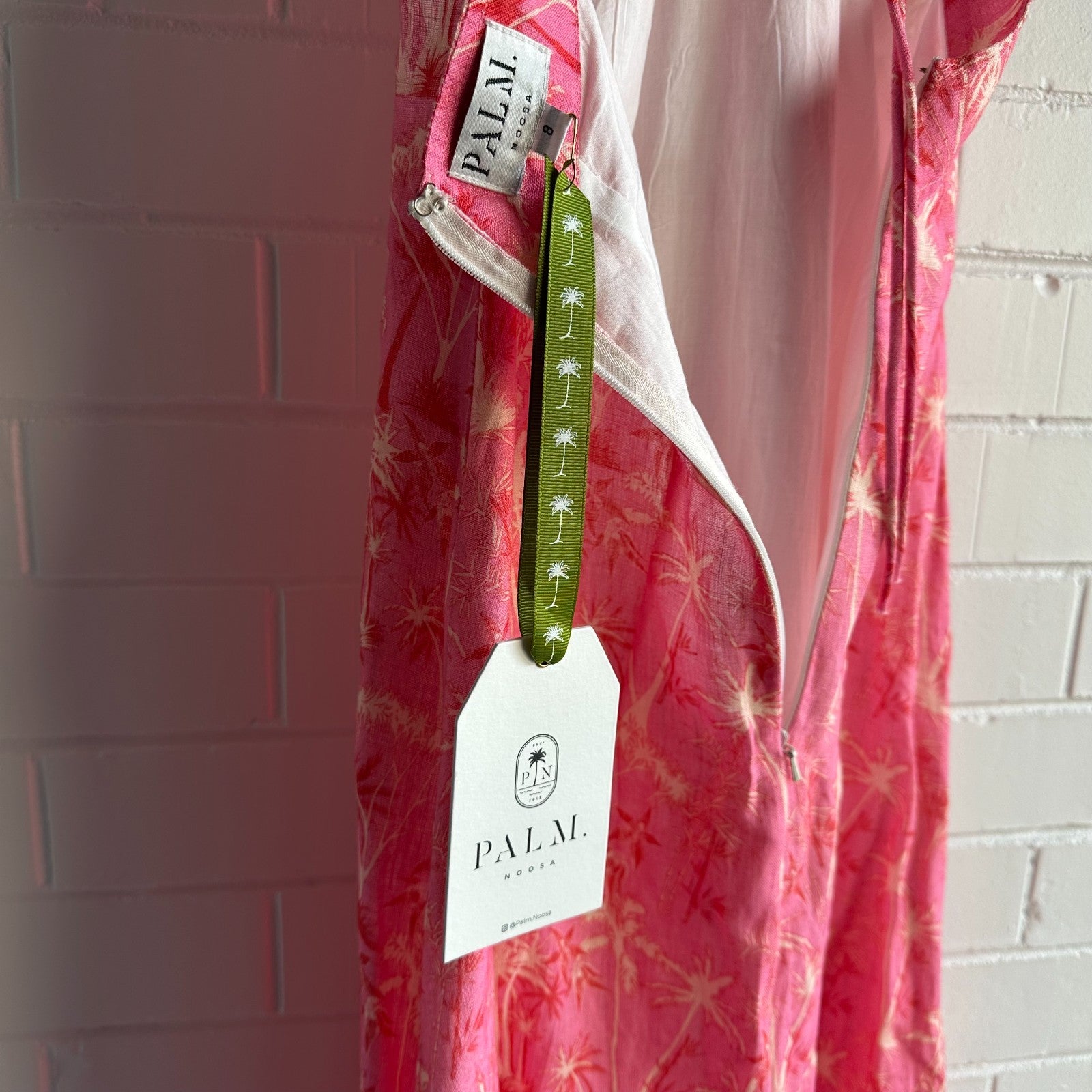 PALM NOOSA Isabella Halter Midi Dress AU8 Pink Palms Linen Resort BNWT