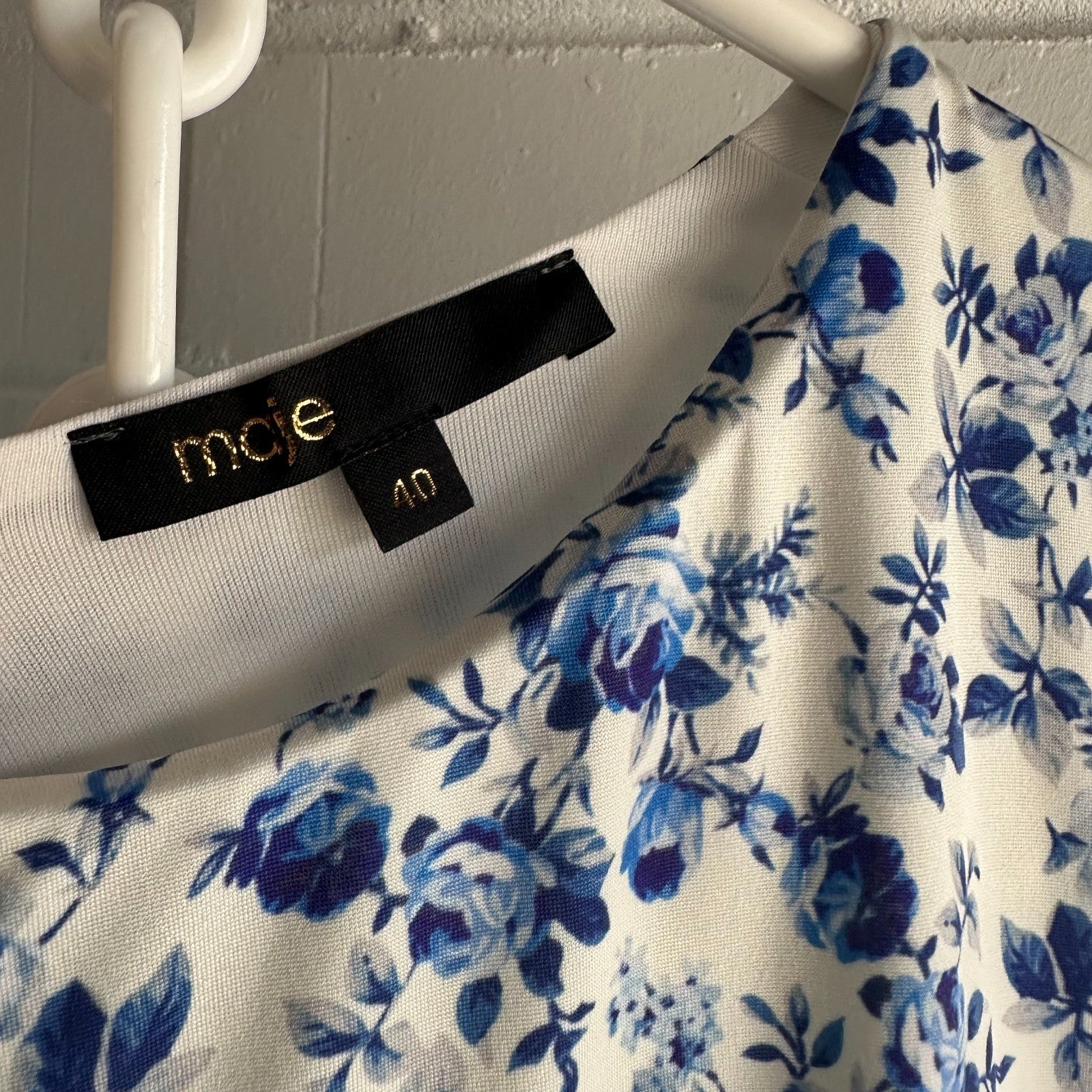 MAJE Floral Sleeveless Midi Dress EU40 AU12 Ruched Bodycon Blue and Ivory