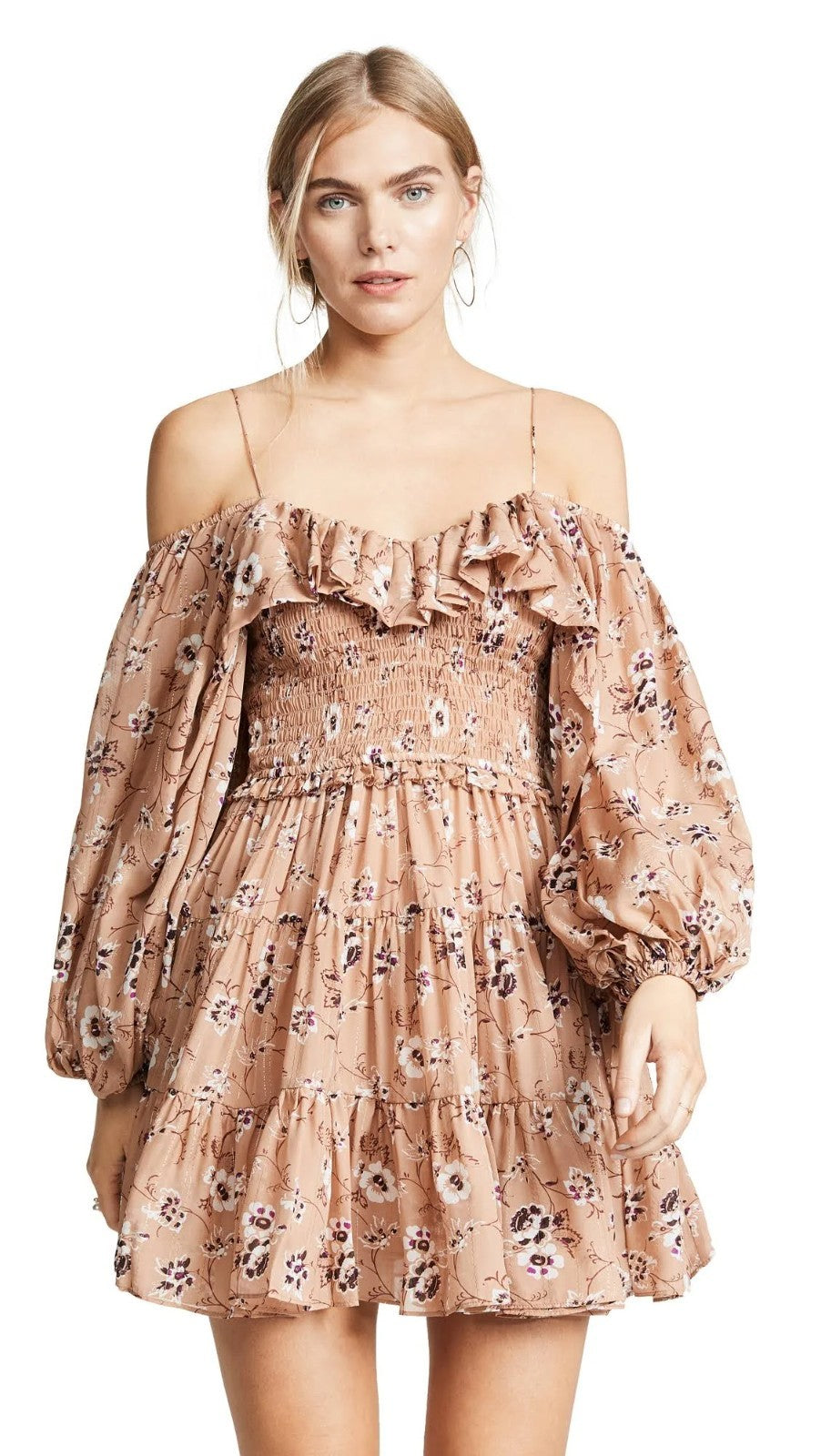 ULLA JOHNSON Monet Smocked silk Floral Size 2 AU6 Beige Off shoulder long sleeve