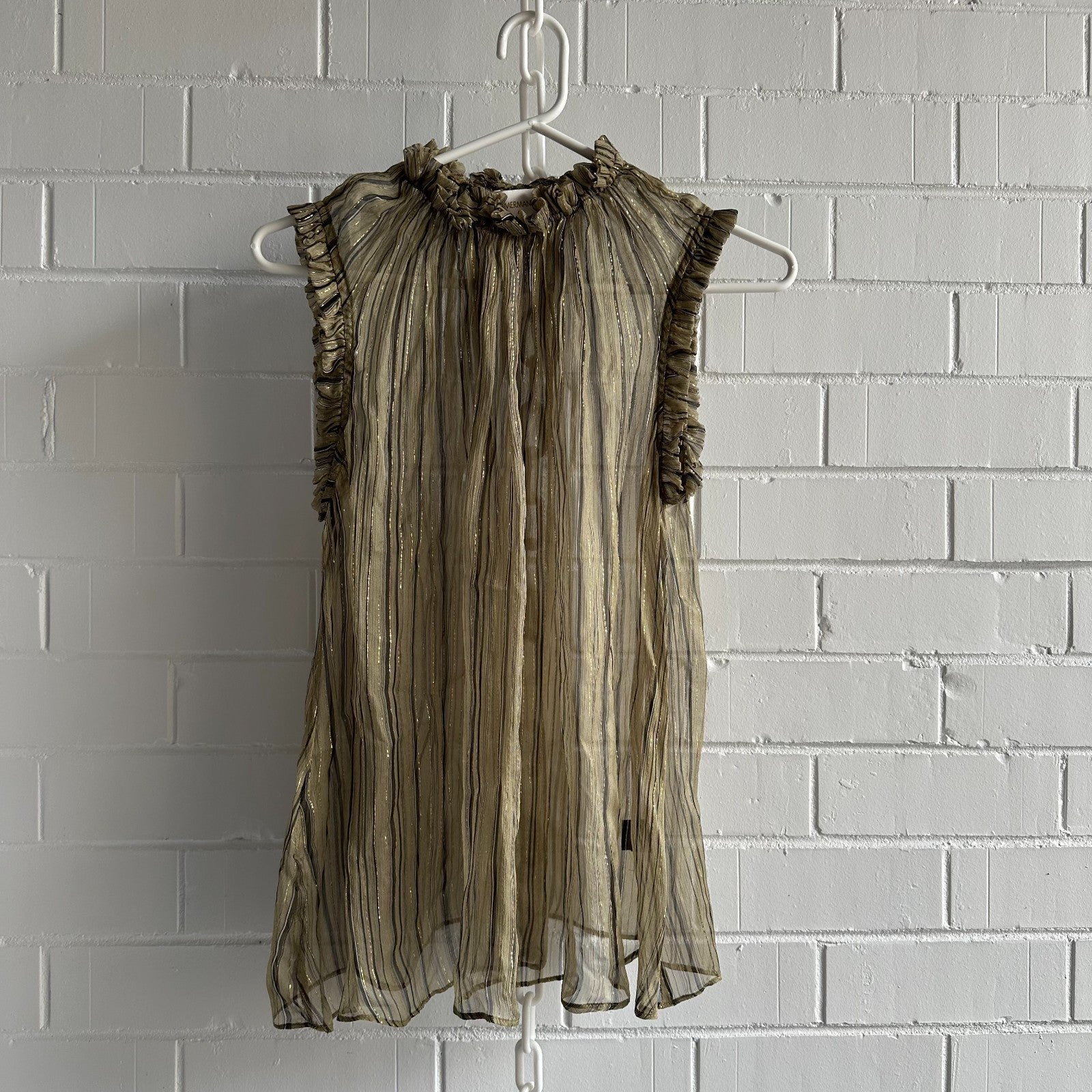 ZIMMERMANN Empire Ruffle Top Size 0 AU8 Sheer Lurex Stripe High Neck Blouse