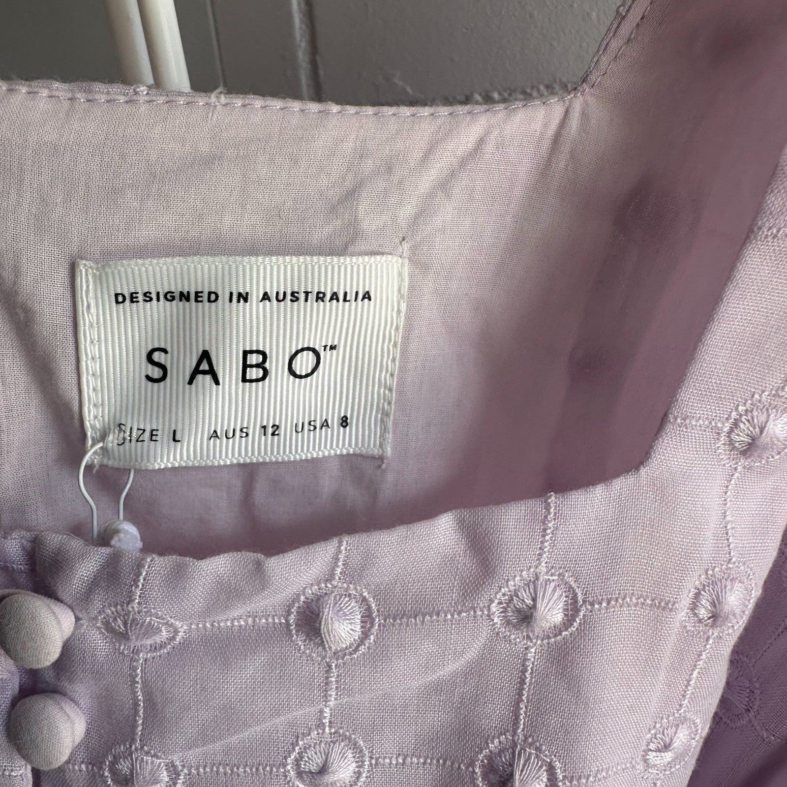 SABO Belted Larose Mini Dress Size L AU12 US8 Lilac ¾ Sleeve