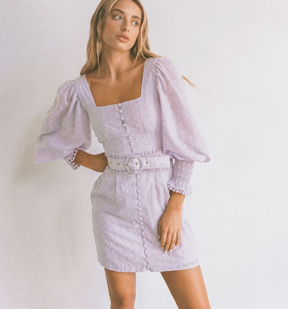 SABO Belted Larose Mini Dress Size L AU12 US8 Lilac ¾ Sleeve