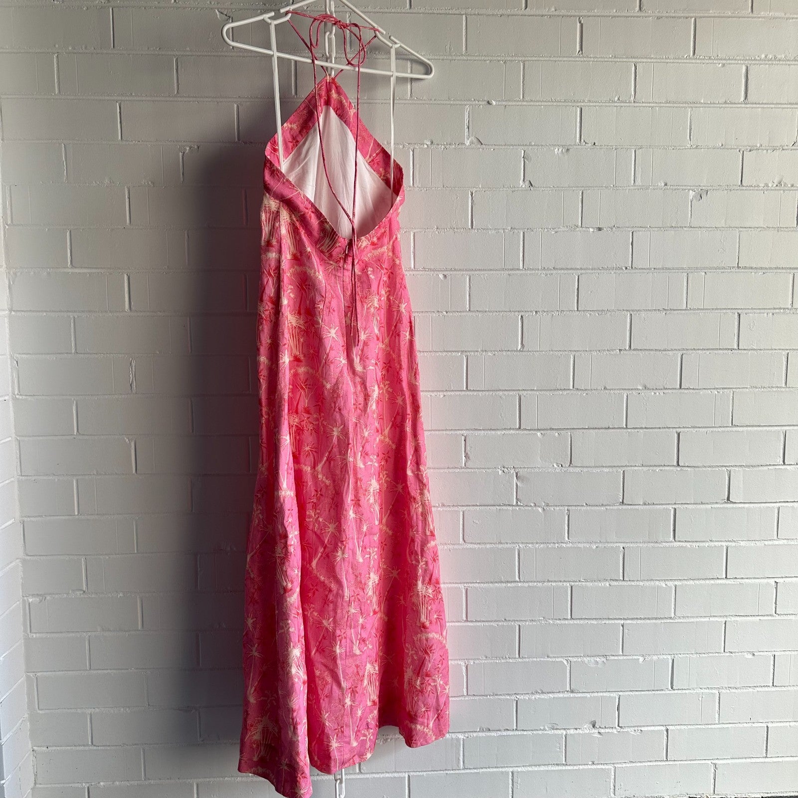 PALM NOOSA Isabella Halter Midi Dress AU8 Pink Palms Linen Resort BNWT