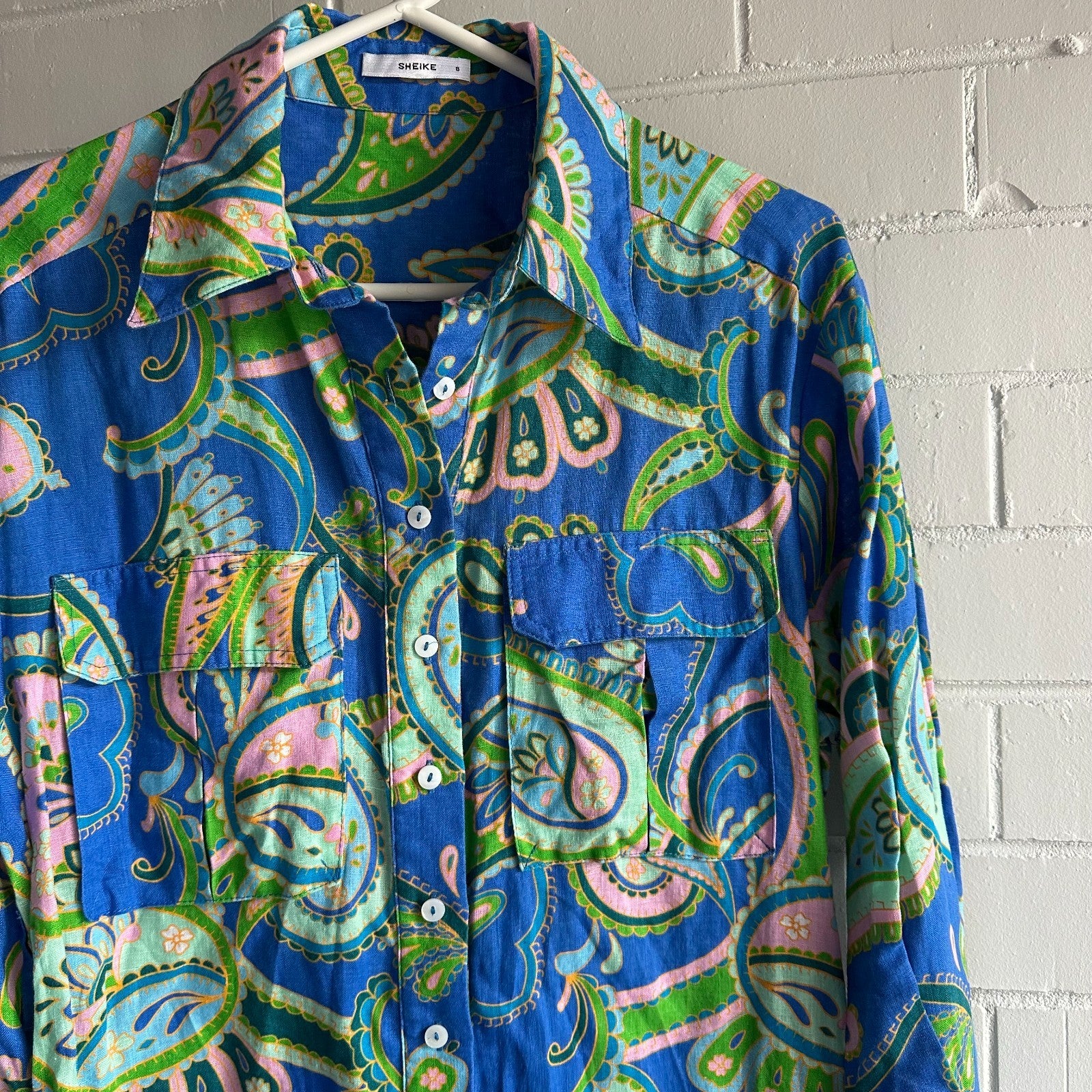 SHEIKE Balearic Sea Linen Midi Shirtdress AU8 US4 Paisley Long sleeved Blue