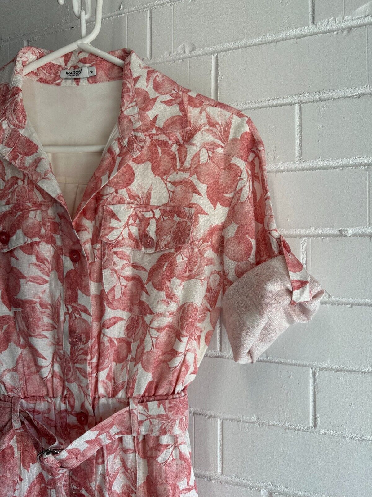 MARCS Jumpsuit Size AU6 US2 Squeeze The Day Pink White Fruit Print Belted Linen