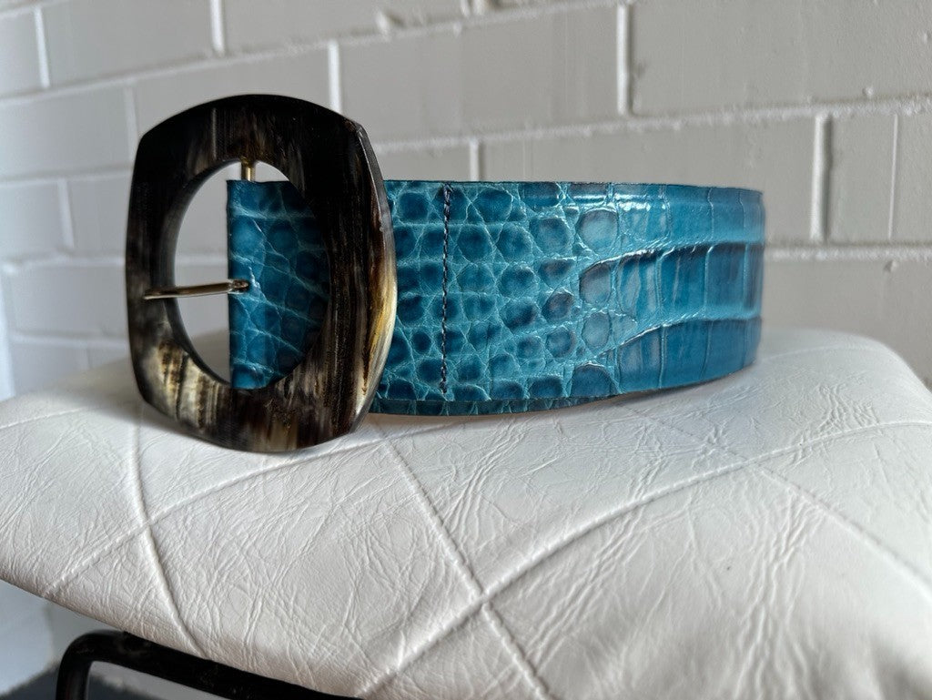 MAX MARA Atelier Leather Belt Made in Italy Size M Teal Statement