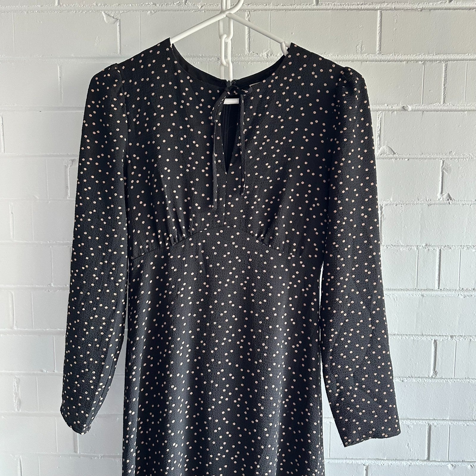 SEED HERITAGE Long Sleeve Spot Midi Dress AU 6 Black with Latte polka dot