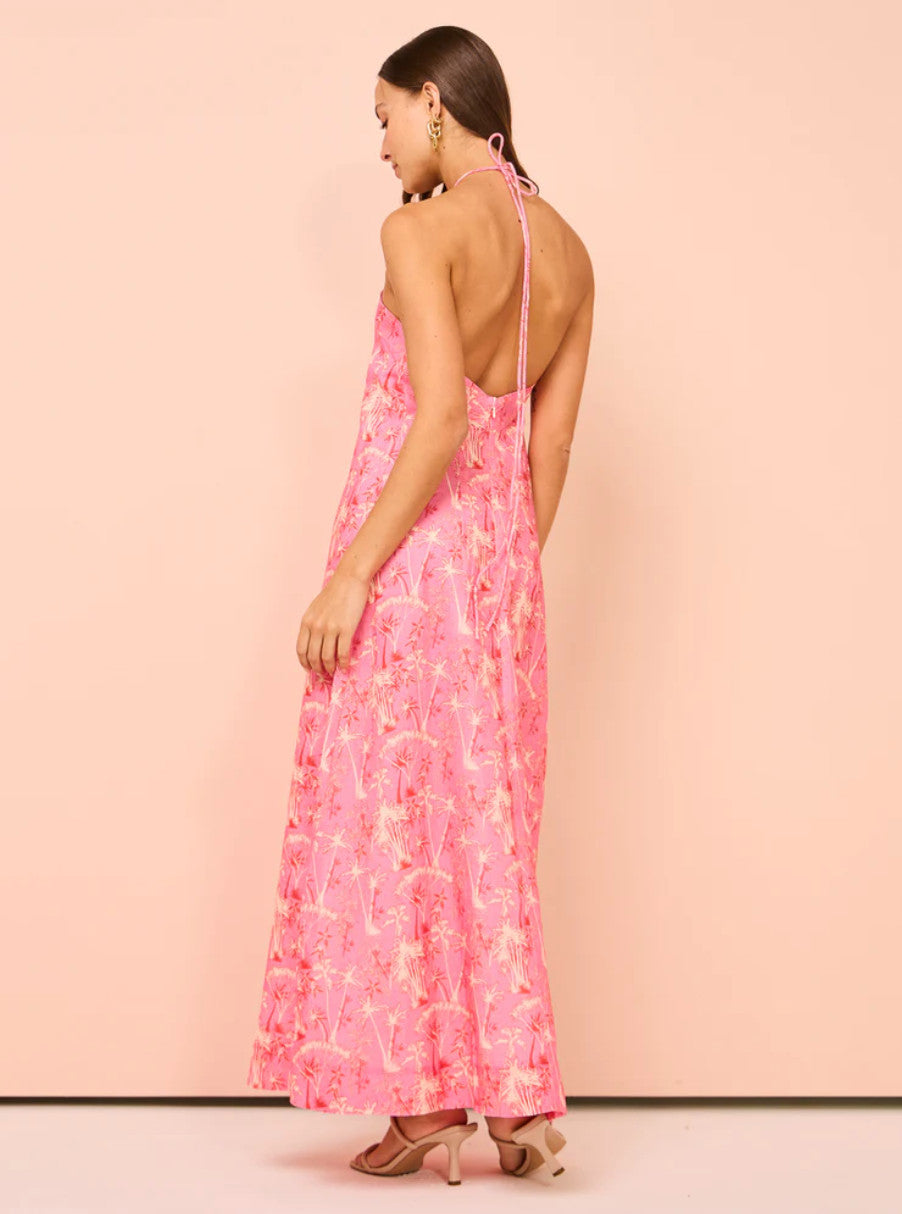 PALM NOOSA Isabella Halter Midi Dress AU8 Pink Palms Linen Resort BNWT