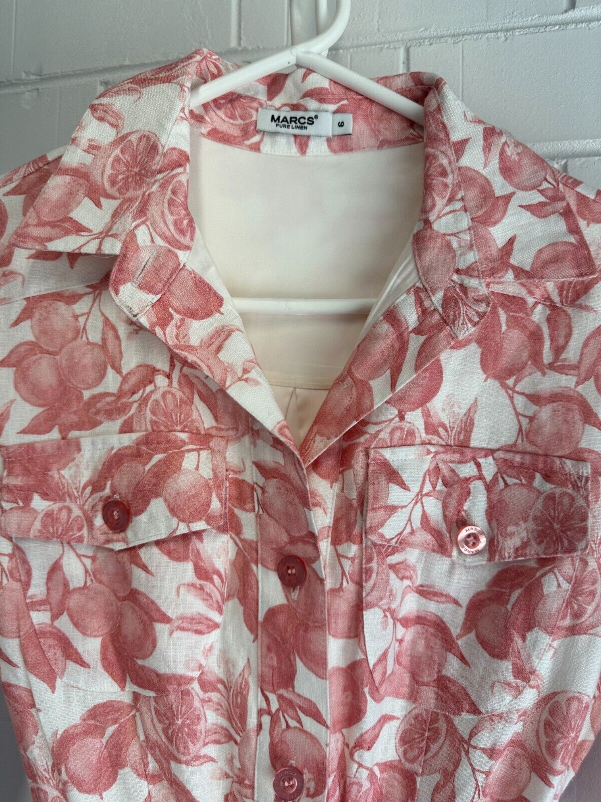 MARCS Jumpsuit Size AU6 US2 Squeeze The Day Pink White Fruit Print Belted Linen