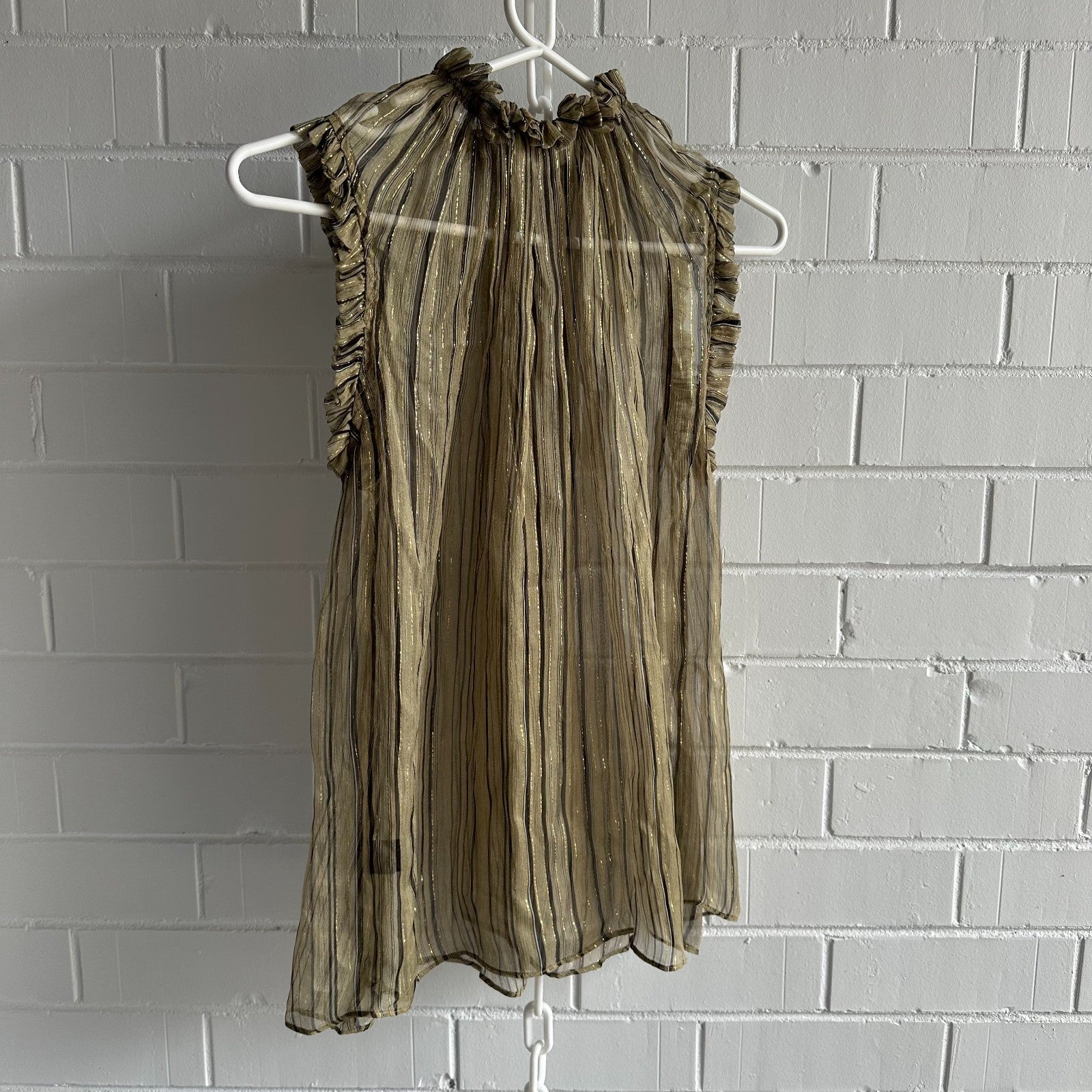 ZIMMERMANN Empire Ruffle Top Size 0 AU8 Sheer Lurex Stripe High Neck Blouse