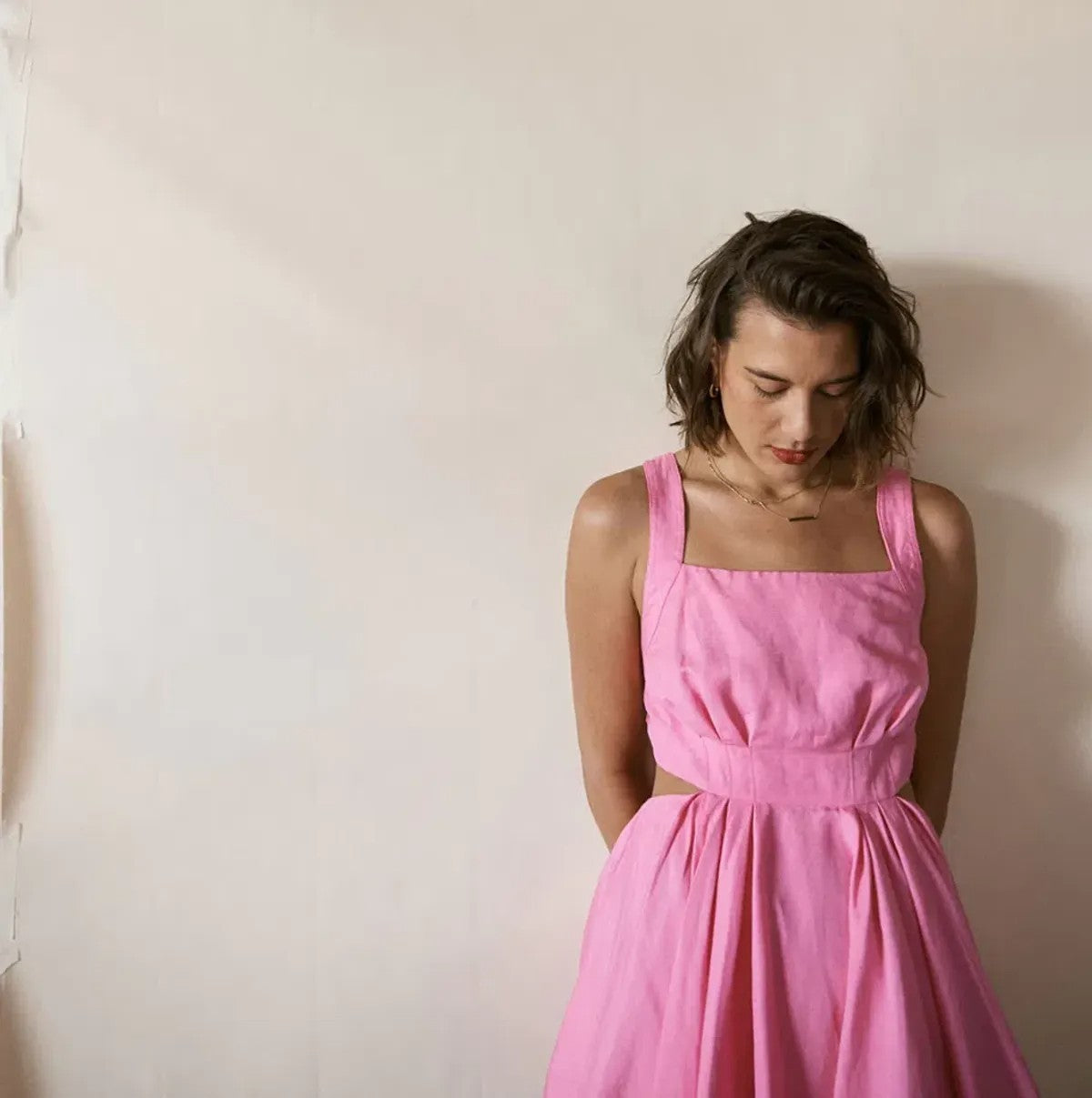 AJE Clara Tie Back Linen Blend Mini Dress AU16 Protea Pink