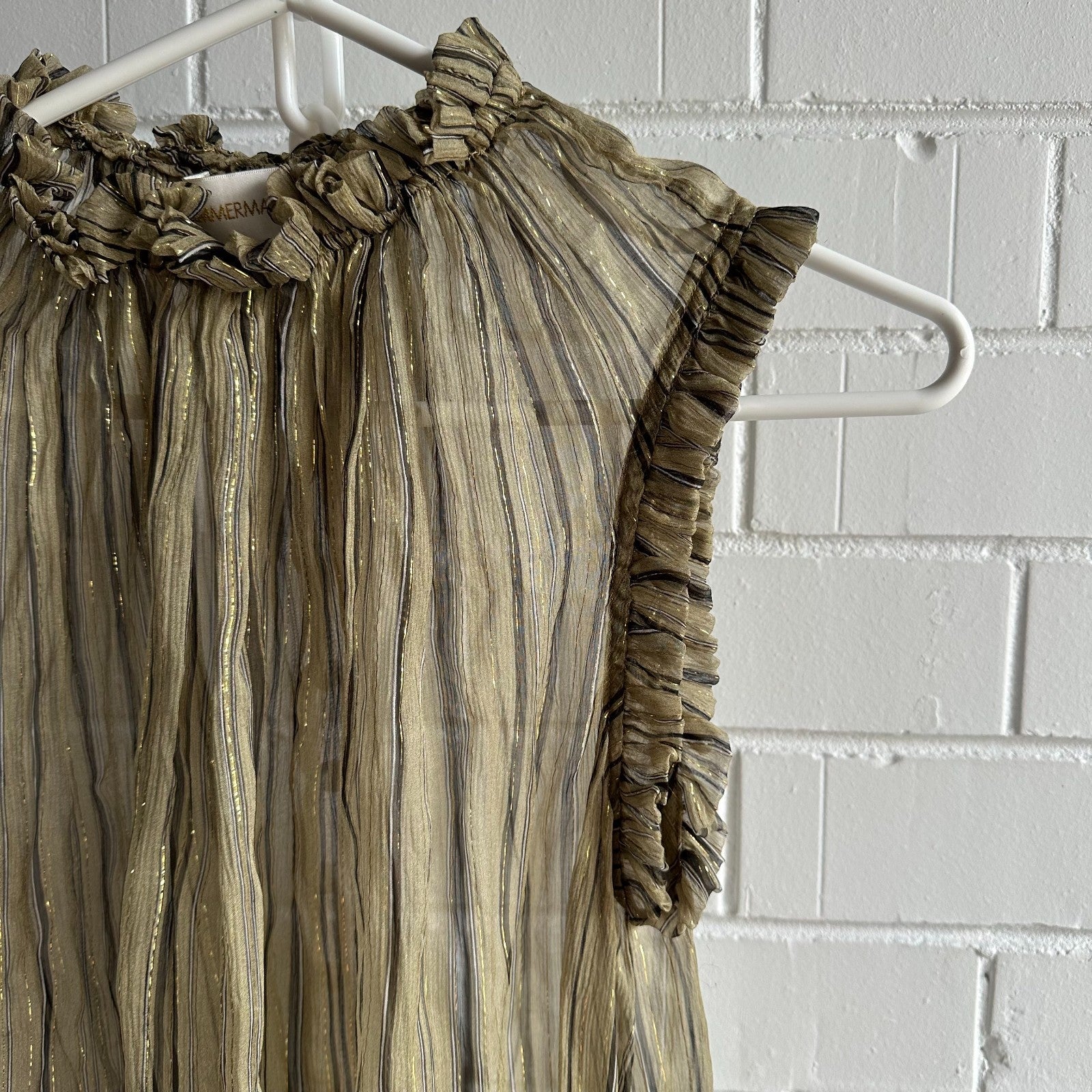 ZIMMERMANN Empire Ruffle Top Size 0 AU8 Sheer Lurex Stripe High Neck Blouse