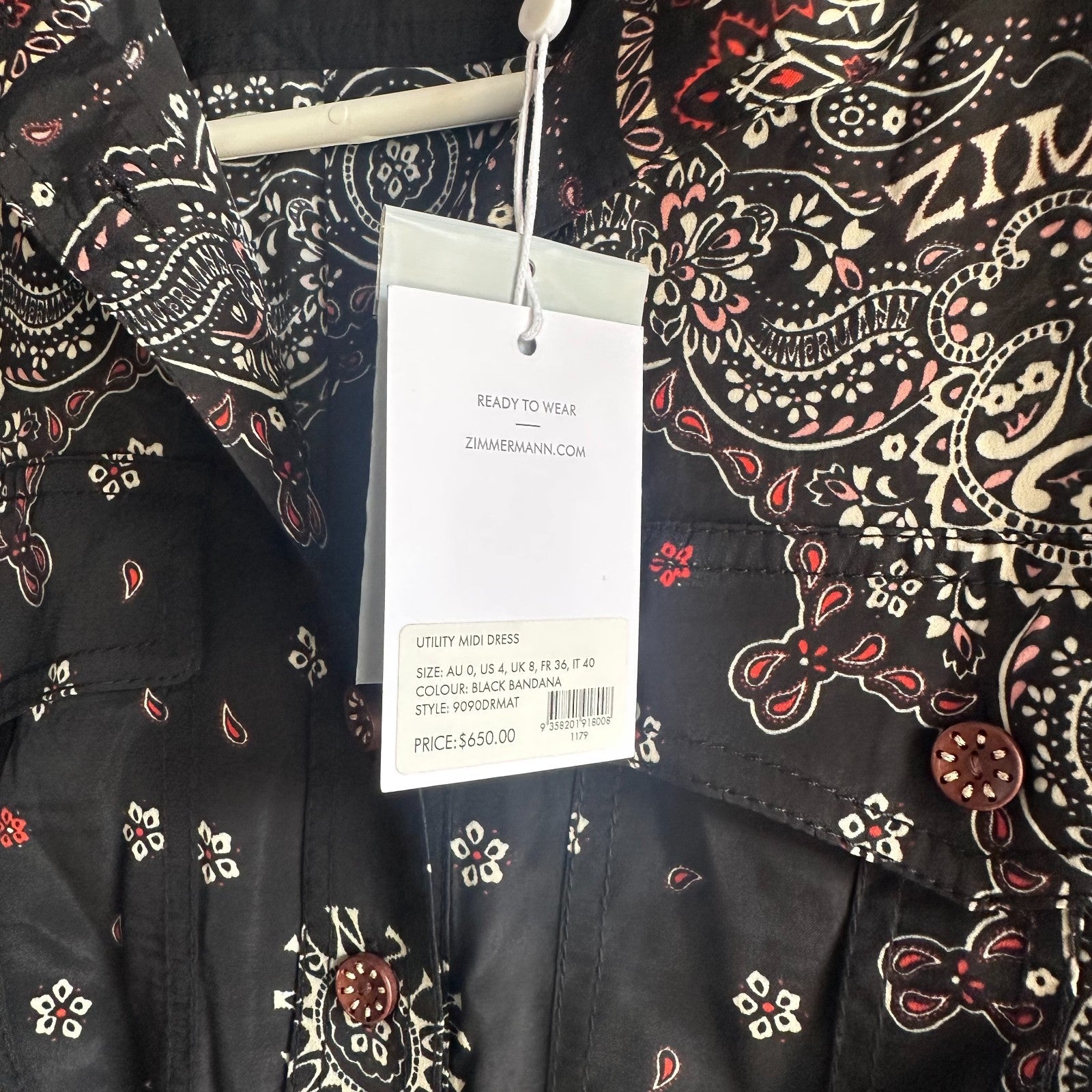 ZIMMERMANN Matchmaker Utility Silk Dress AU 0 (US 0/2) Black Bandana BNWT