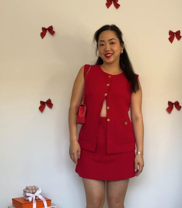 ONTE Helena Gilet & Mini Skirt knit SET Size S Red AU8 US4 Cotton Gold hardware