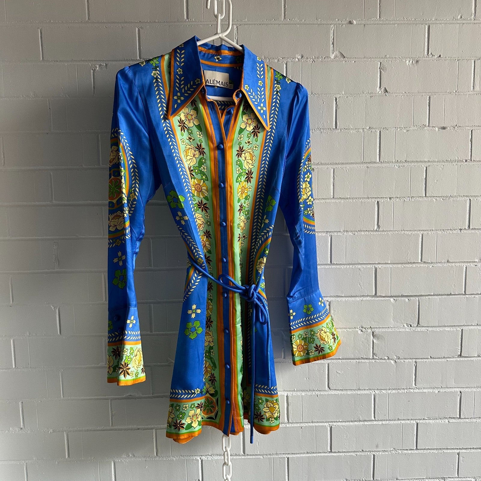 ALEMAIS Cobalt Linda Mini Shirt Dress AU8 US4 Retro scarf print long sleeved