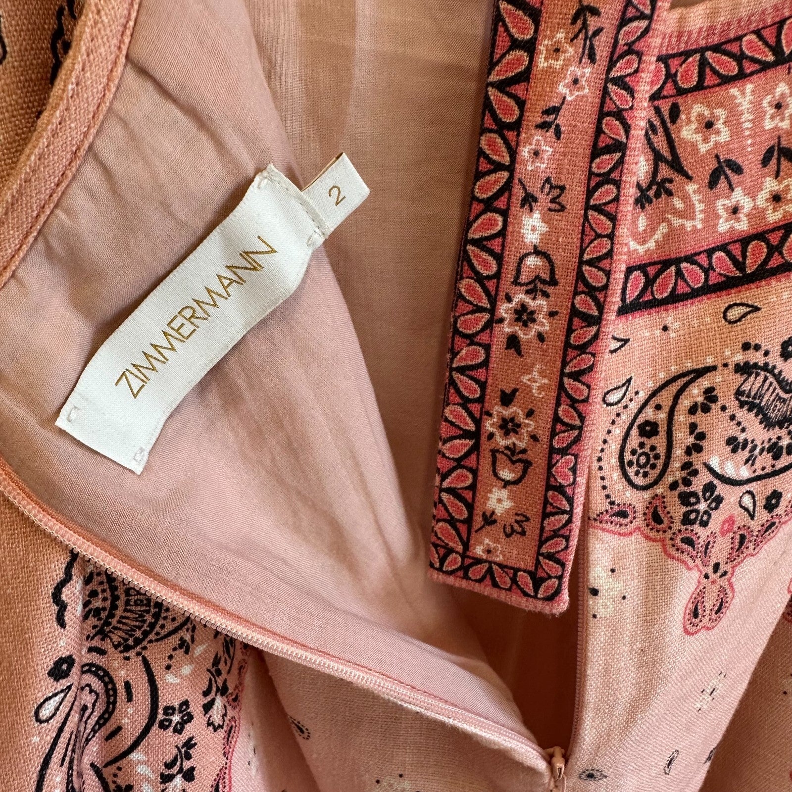 ZIMMERMANN Matchmaker Frilled Midi Dress Pink Bandana Sz 2 AU10 US6Linen