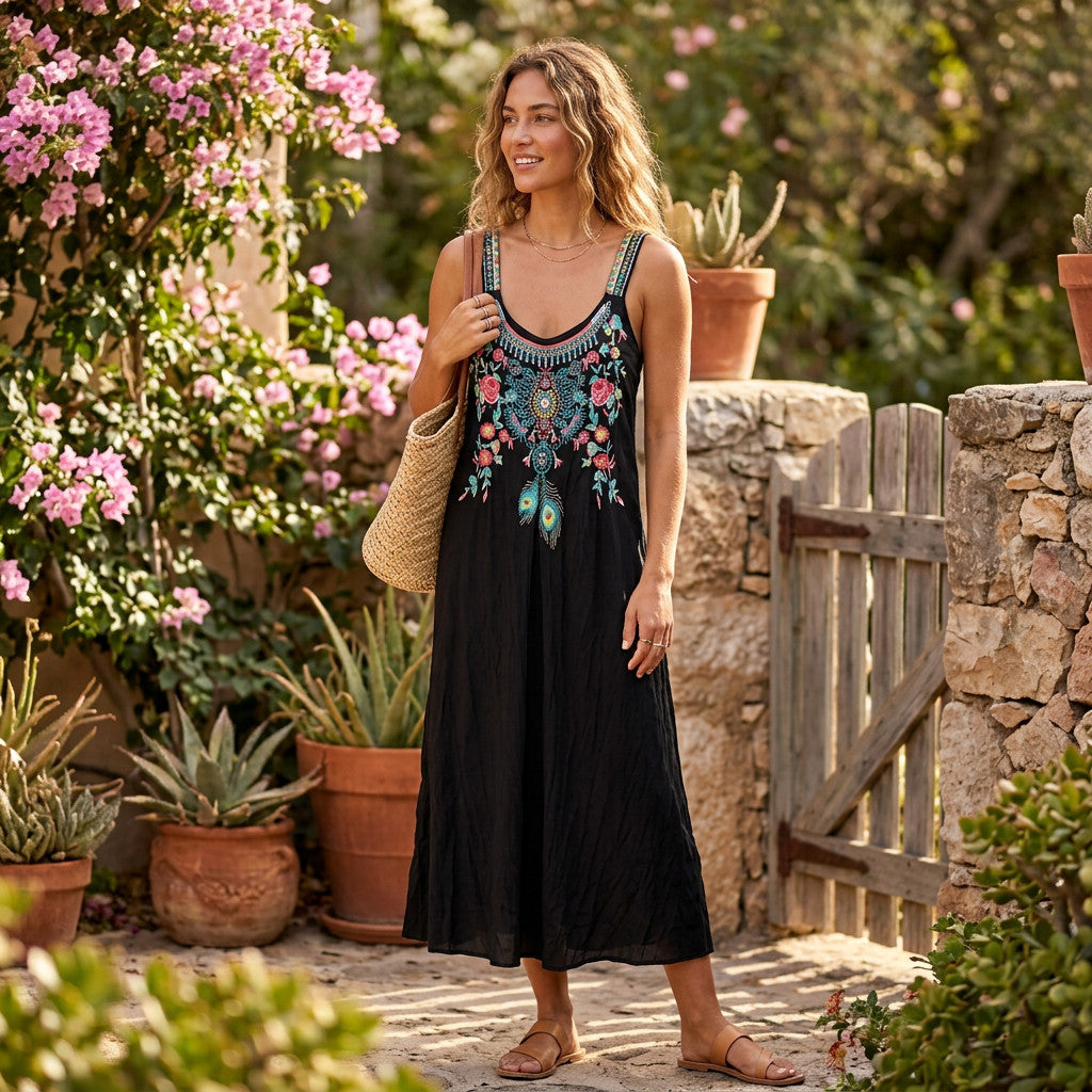 Johnny Was Black Embroidered Boho Midi Dress - Size S - Floral Peacock