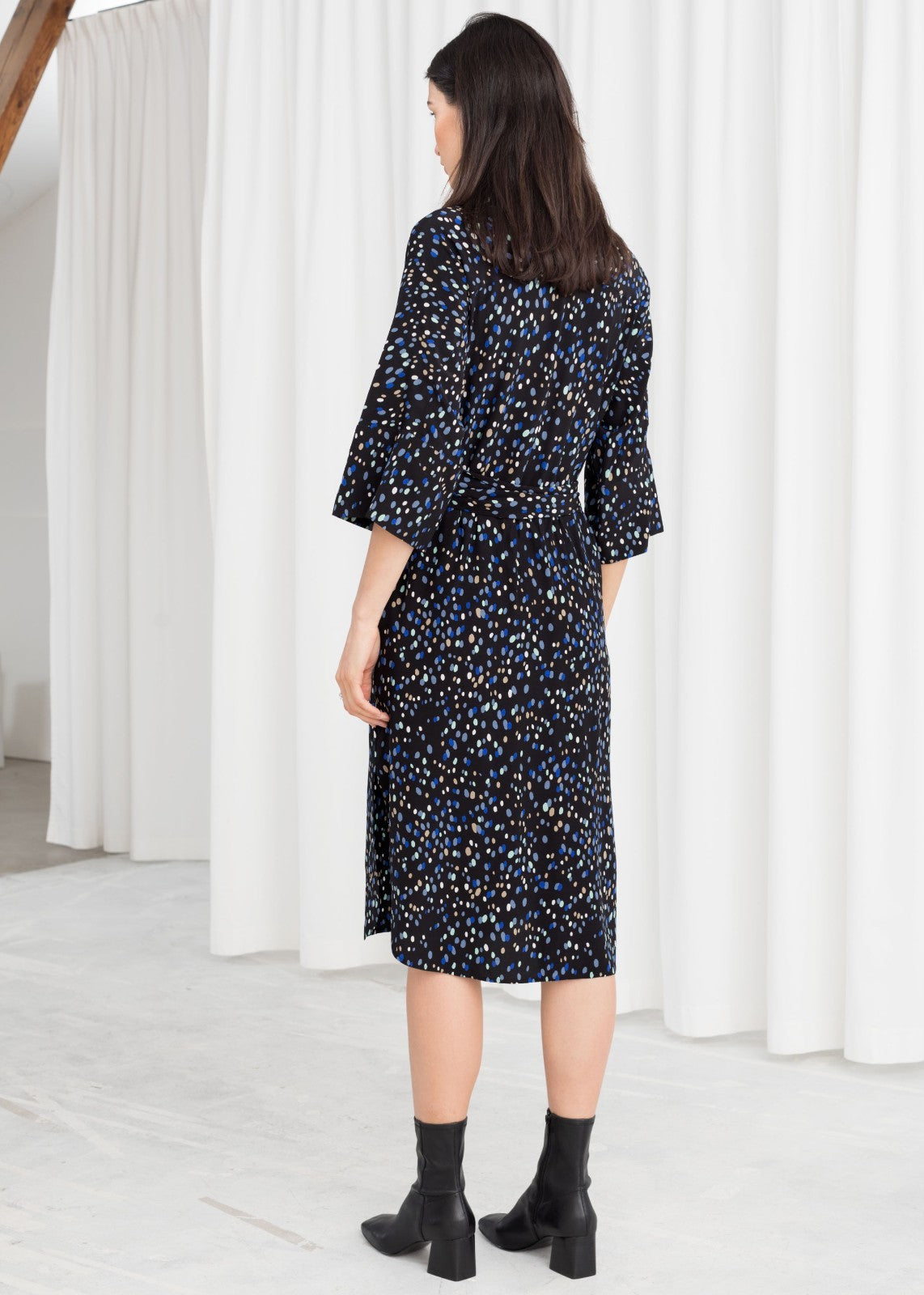 & OTHER STORIES Midi Tunic Dress with tie Size 42 AU14 US10 Black Polka Dot