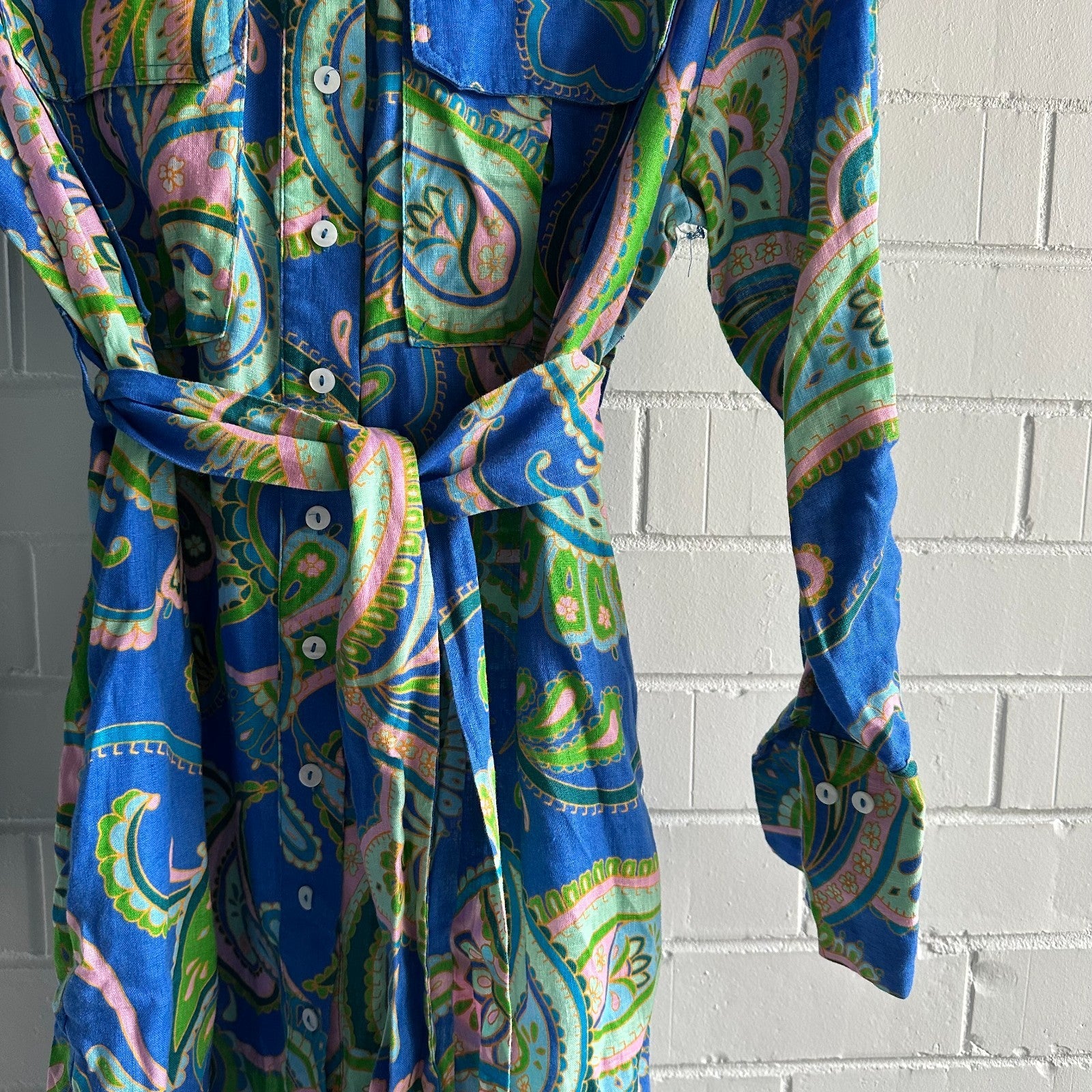 SHEIKE Balearic Sea Linen Midi Shirtdress AU8 US4 Paisley Long sleeved Blue