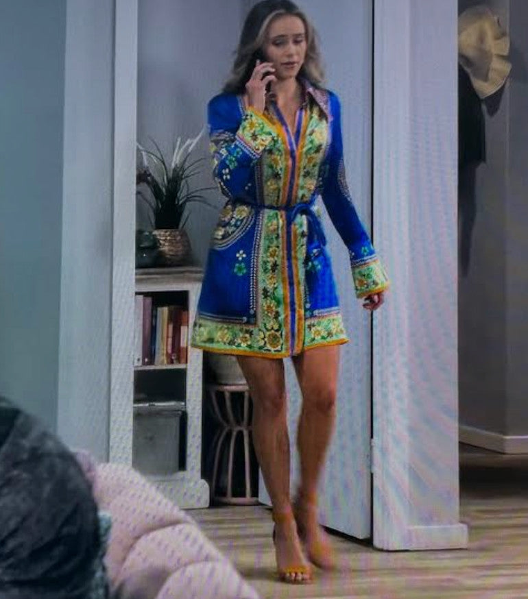 ALEMAIS Cobalt Linda Mini Shirt Dress AU8 US4 Retro scarf print long sleeved