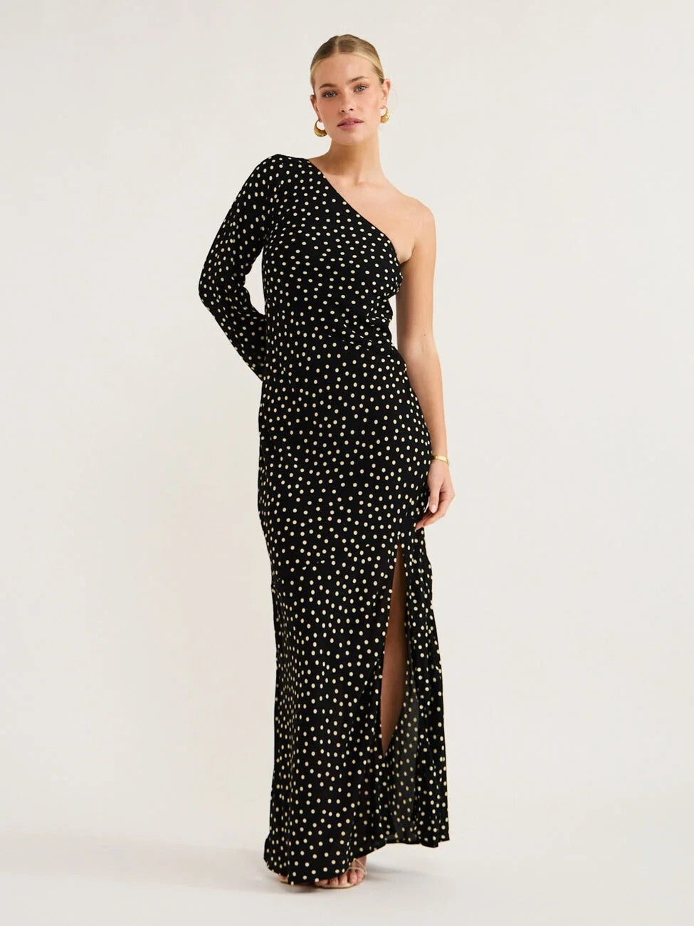 FAITHFULL THE BRAND Black and Cream Poka dot Tocha Maxi Dress AU14 US10 Assym