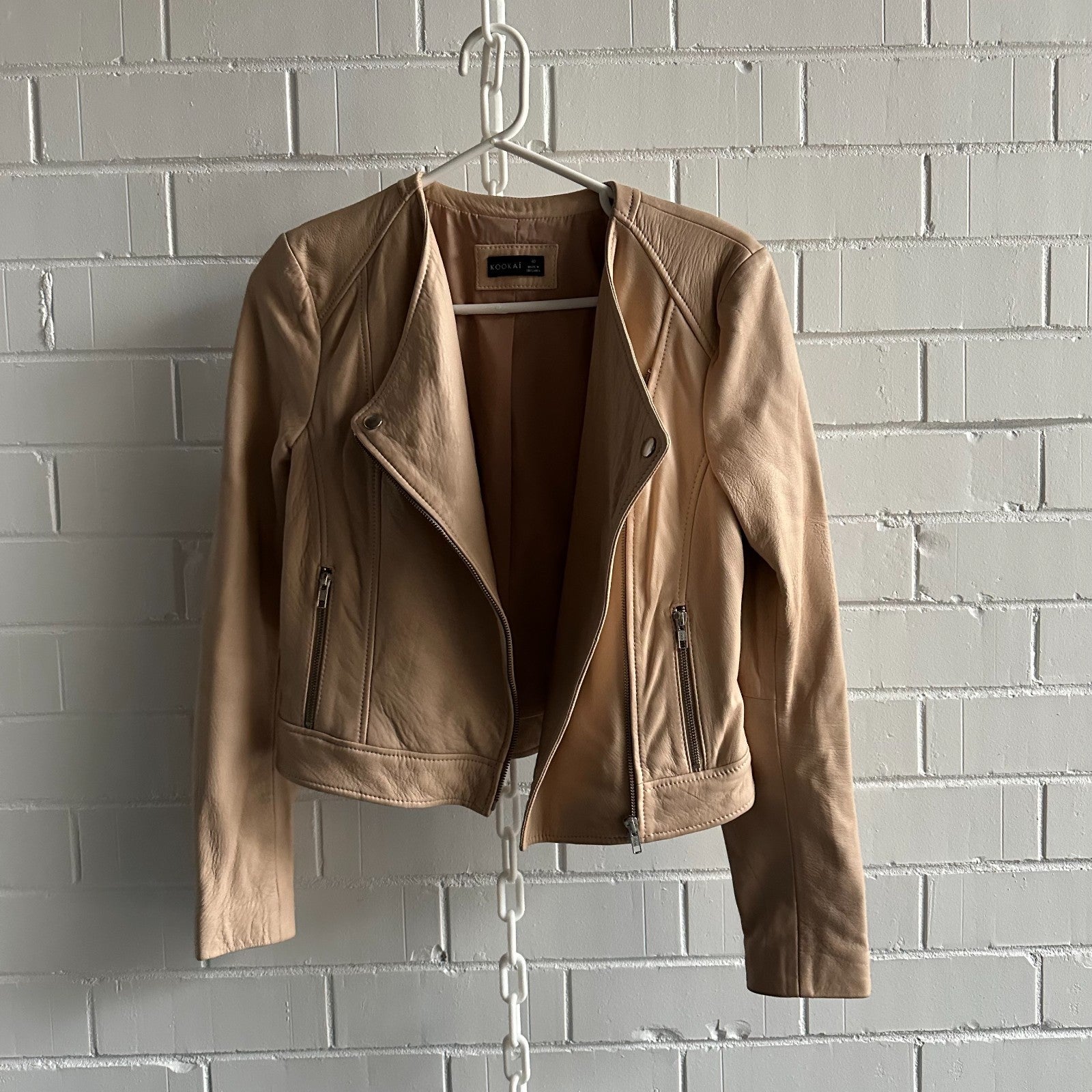 KOOKAI Rush Eggshell Pink Genuine Leather Size S Pretty Biker Zip Long Sleeve