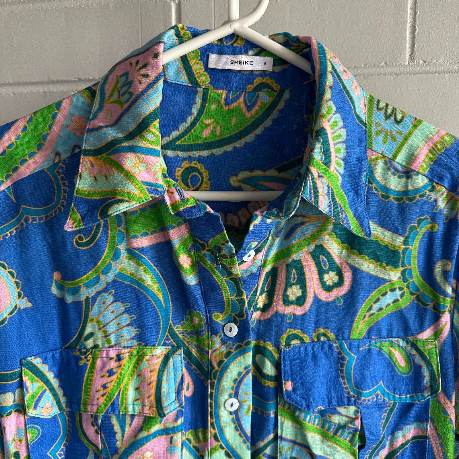 SHEIKE Balearic Sea Linen Midi Shirtdress AU8 US4 Paisley Long sleeved Blue