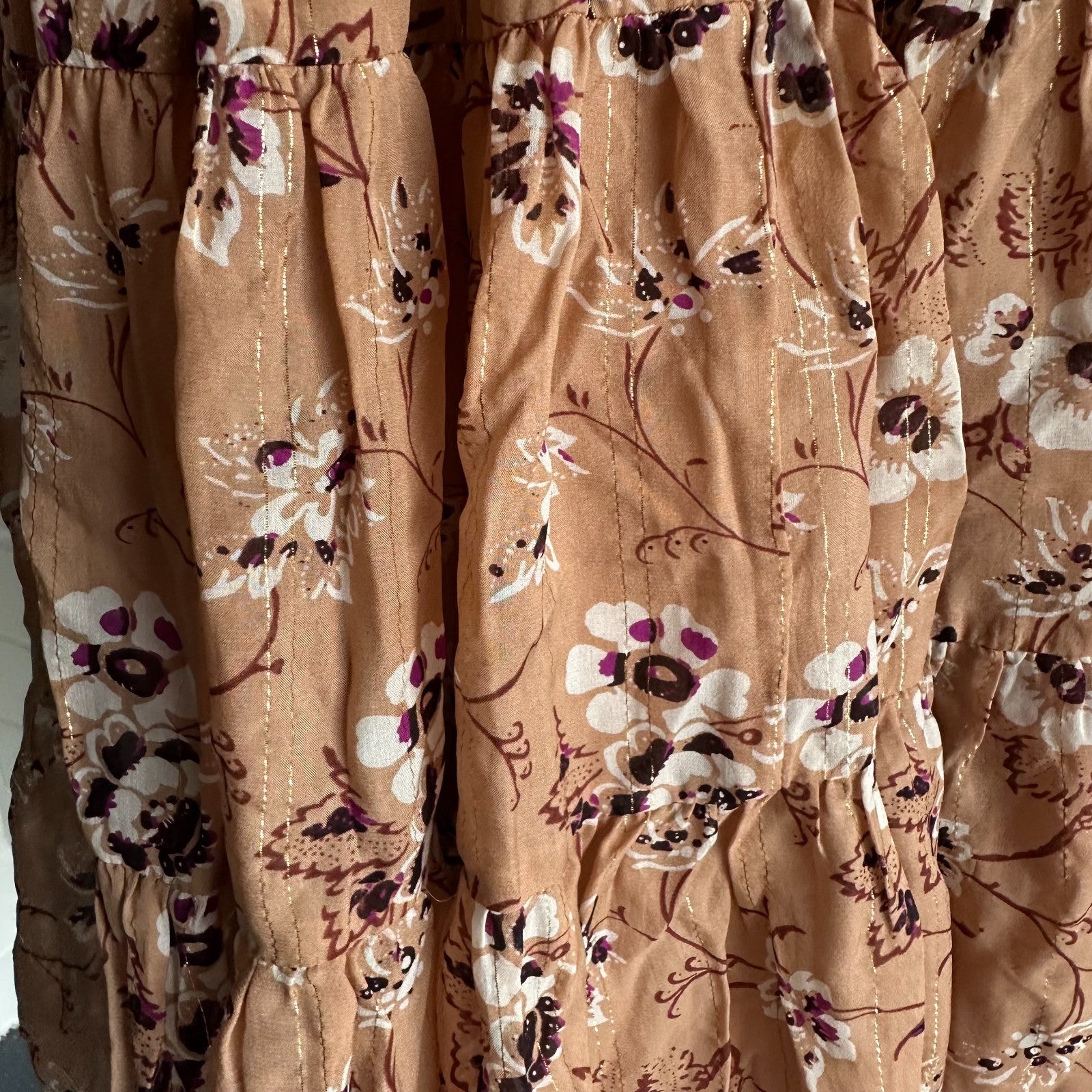 ULLA JOHNSON Monet Smocked silk Floral Size 2 AU6 Beige Off shoulder long sleeve