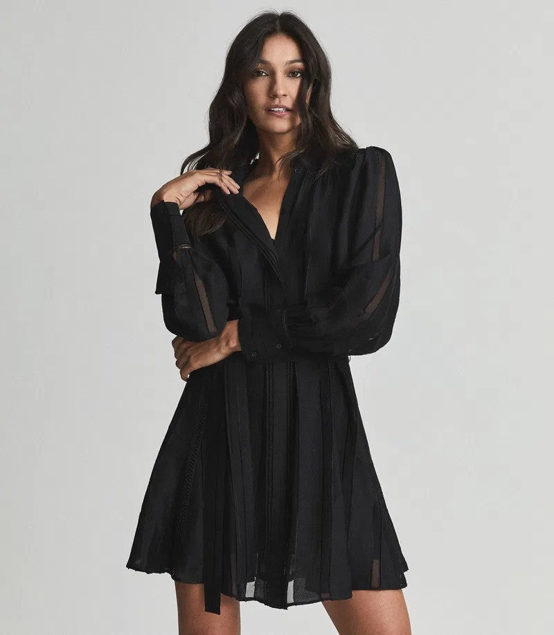 REISS Harriet Flippy Shirtdress, Black Chiffon Lace inserts Size AU14 US 10, LBD