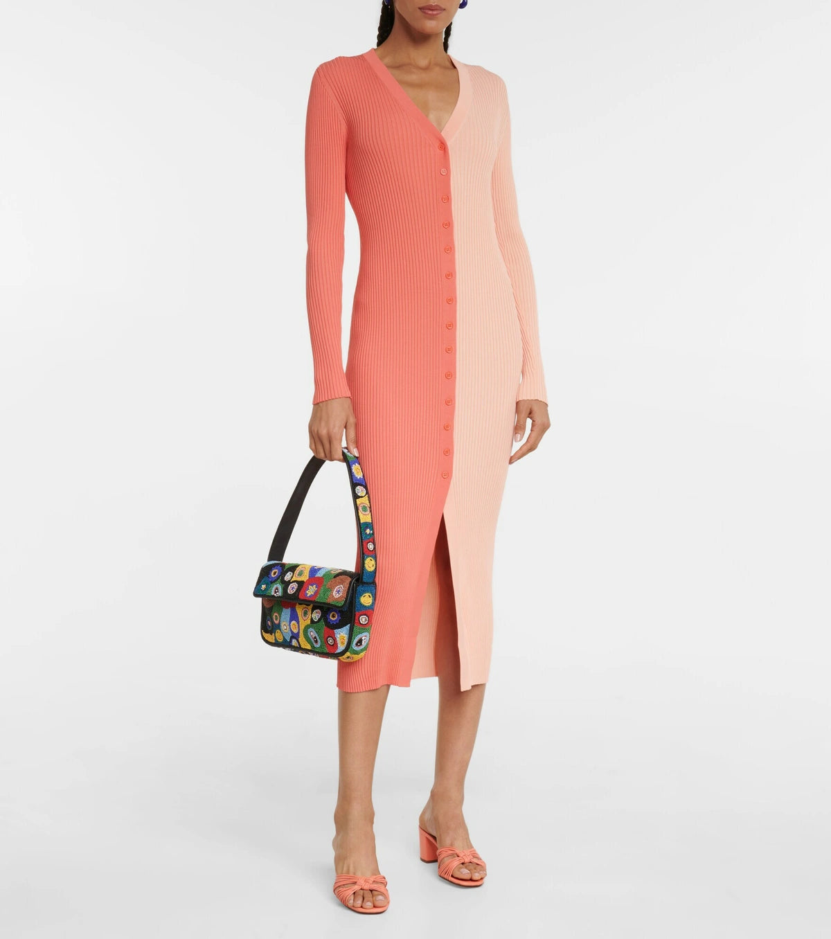 STAUD Shoko Two-tone Ribbed-knit Midi Dress Size XS / AU6 Bittersweet Peach