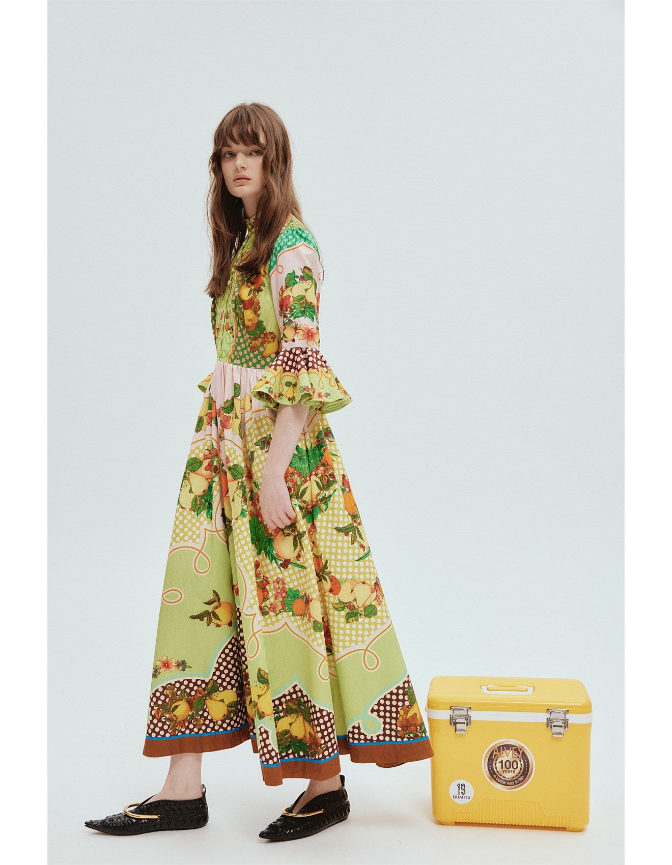 ALEMAIS Lemonis Jacquard Midi Dress Size AU 12 US 8 Fruit Print Long Sleeve