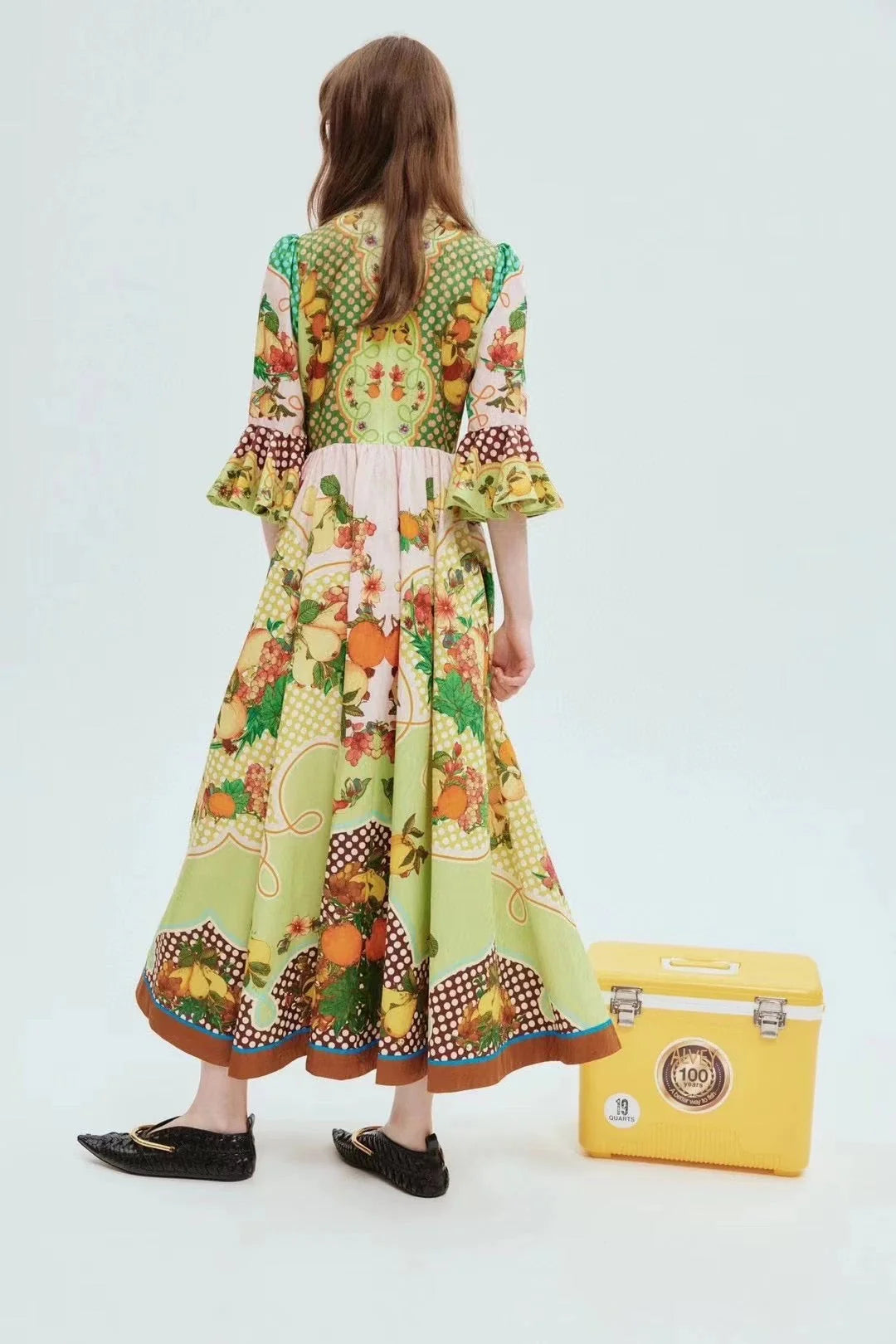 ALEMAIS Lemonis Jacquard Midi Dress Size AU 12 US 8 Fruit Print Long Sleeve