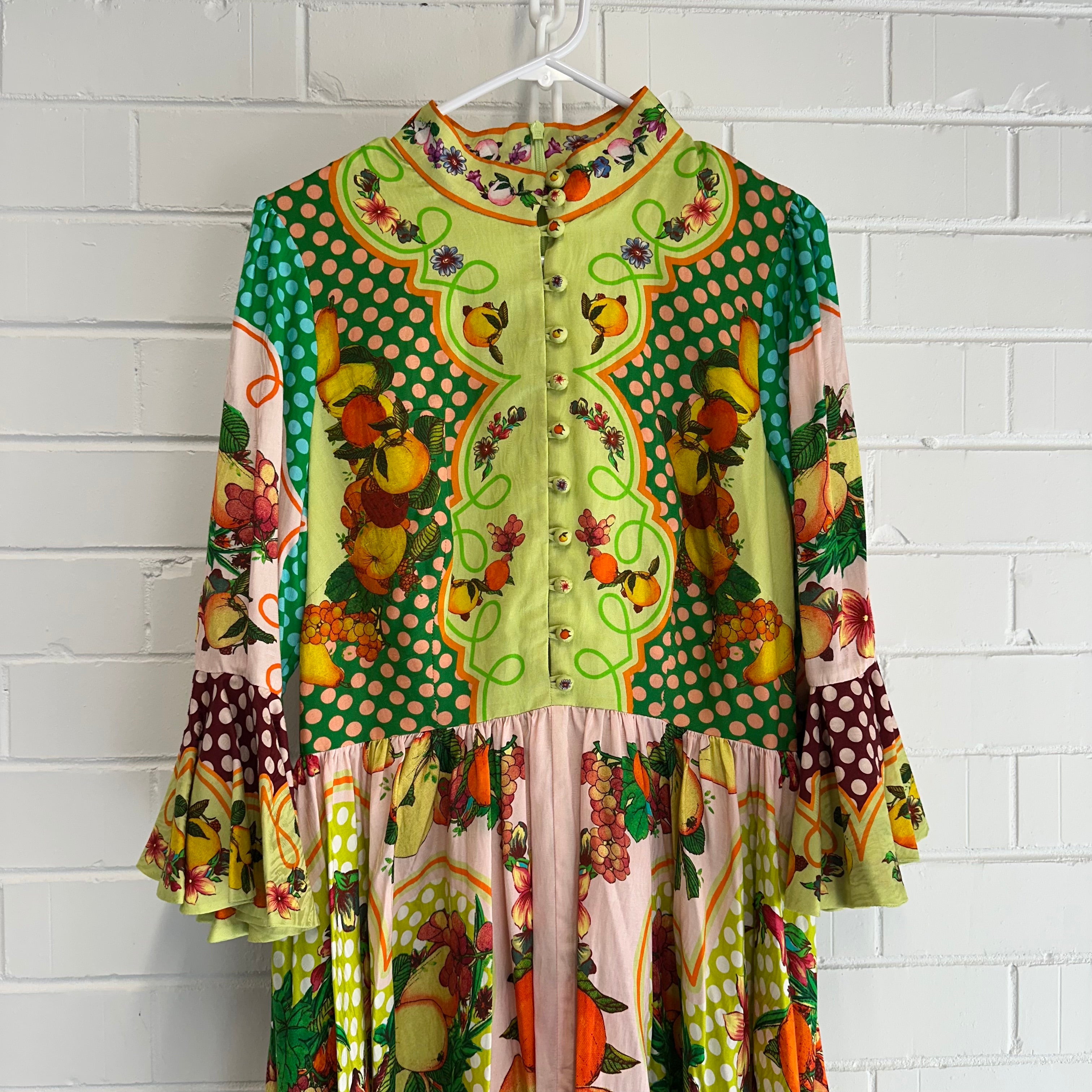 ALEMAIS Lemonis Jacquard Midi Dress Size AU 12 US 8 Fruit Print Long Sleeve