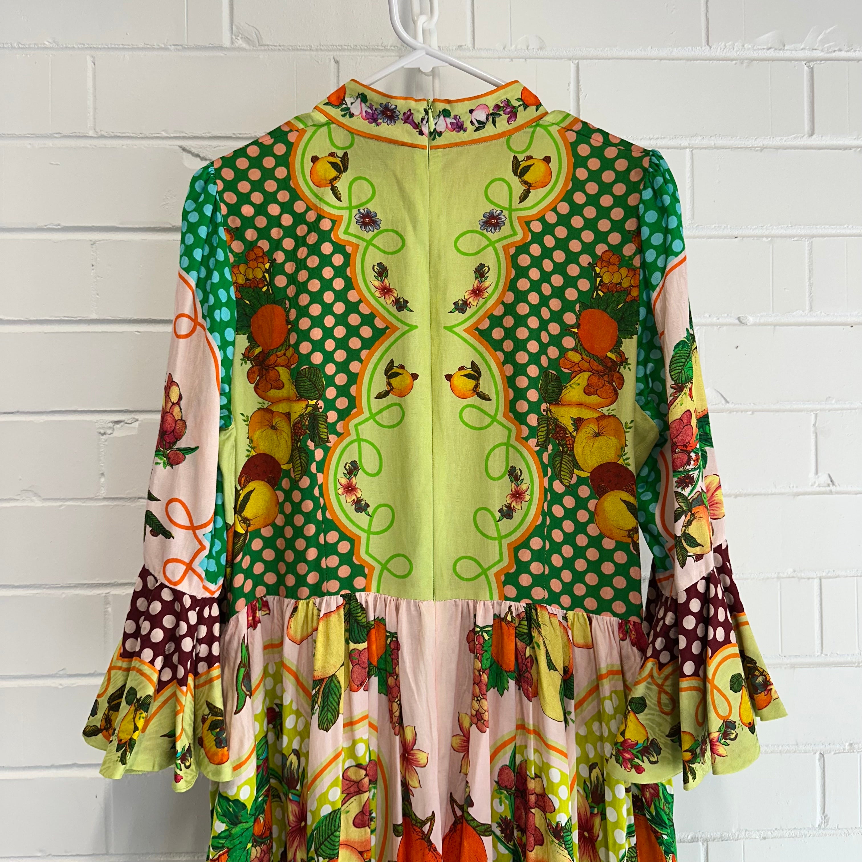 ALEMAIS Lemonis Jacquard Midi Dress Size AU 12 US 8 Fruit Print Long Sleeve