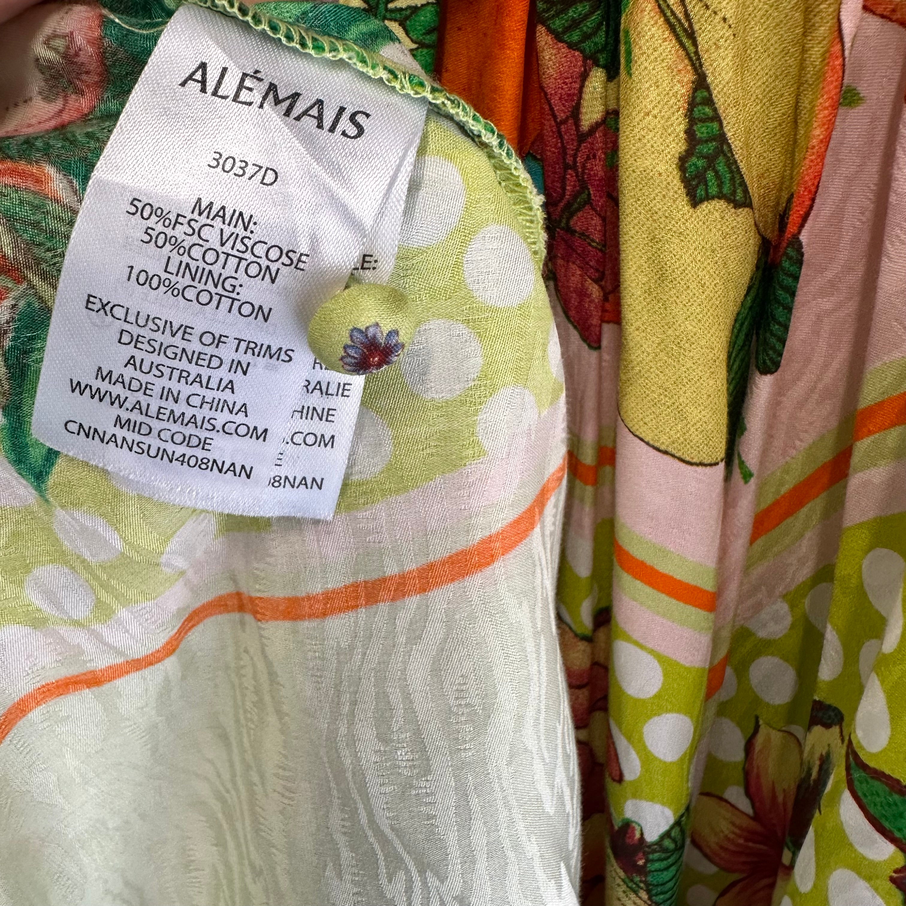 ALEMAIS Lemonis Jacquard Midi Dress Size AU 12 US 8 Fruit Print Long Sleeve