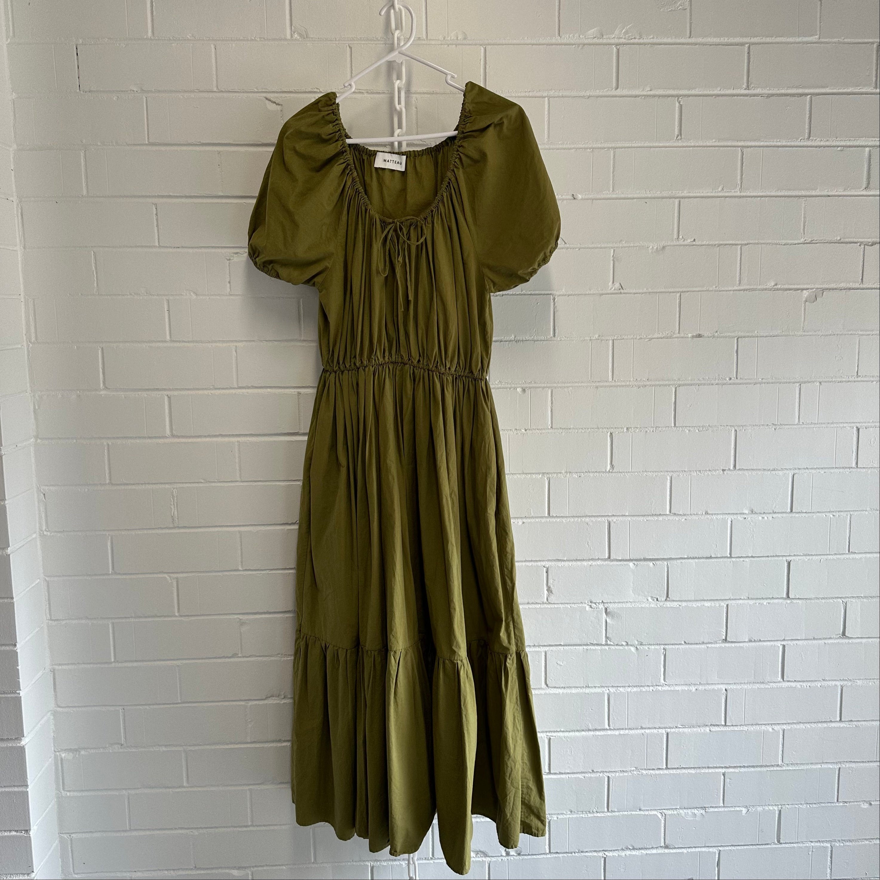 MATTEAU Drawcord Maxi Dress Size AU 10 US 6 Khaki Green Organic Cotton