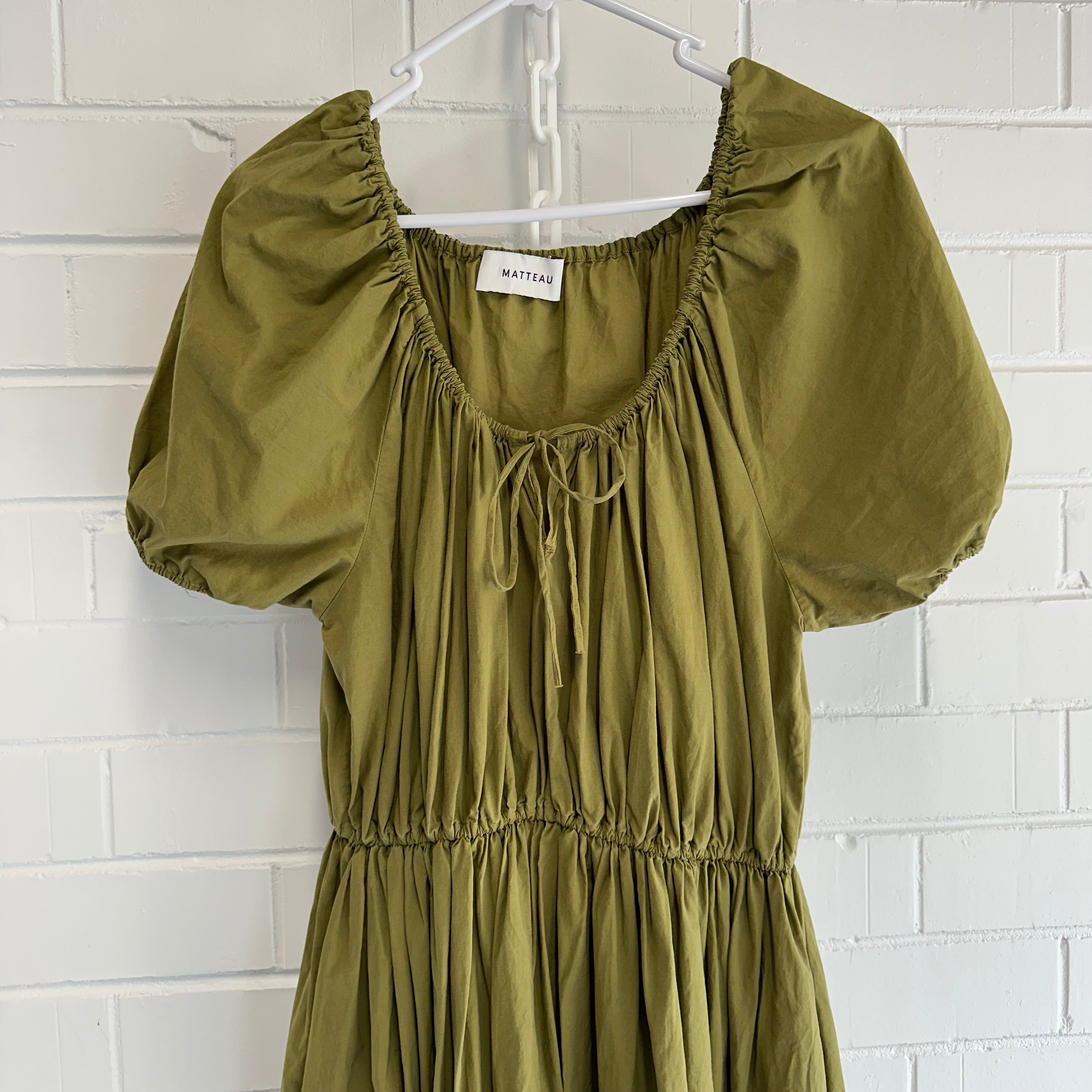 MATTEAU Drawcord Maxi Dress Size AU 10 US 6 Khaki Green Organic Cotton