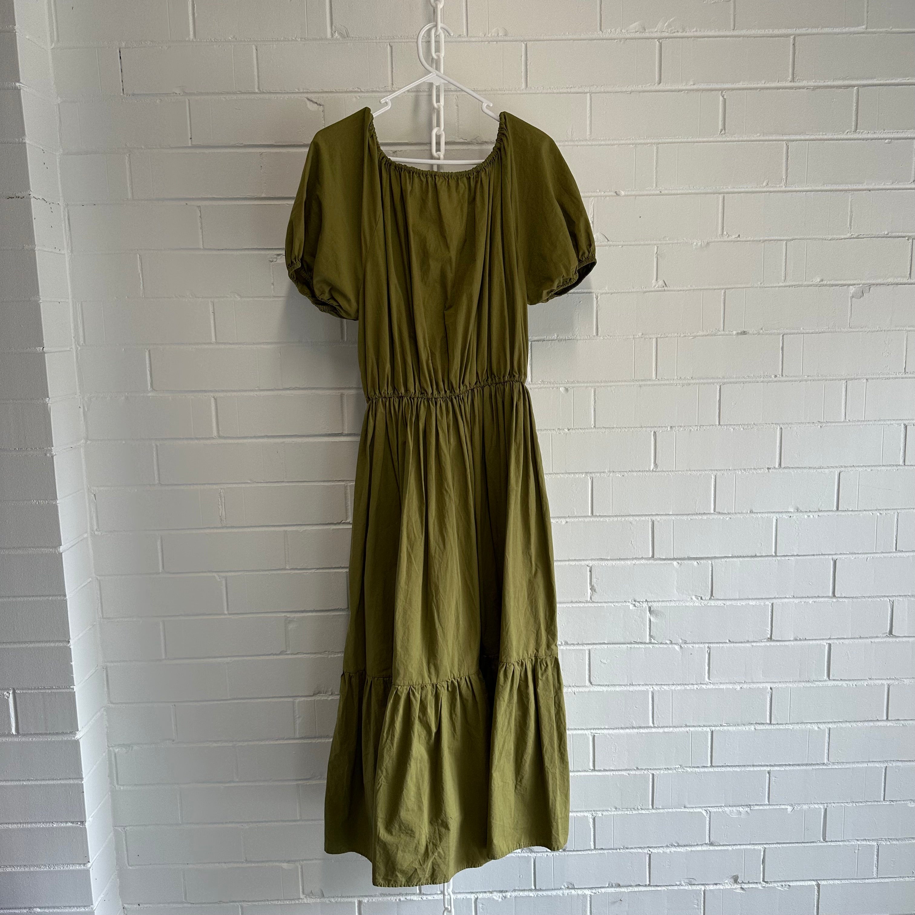 MATTEAU Drawcord Maxi Dress Size AU 10 US 6 Khaki Green Organic Cotton