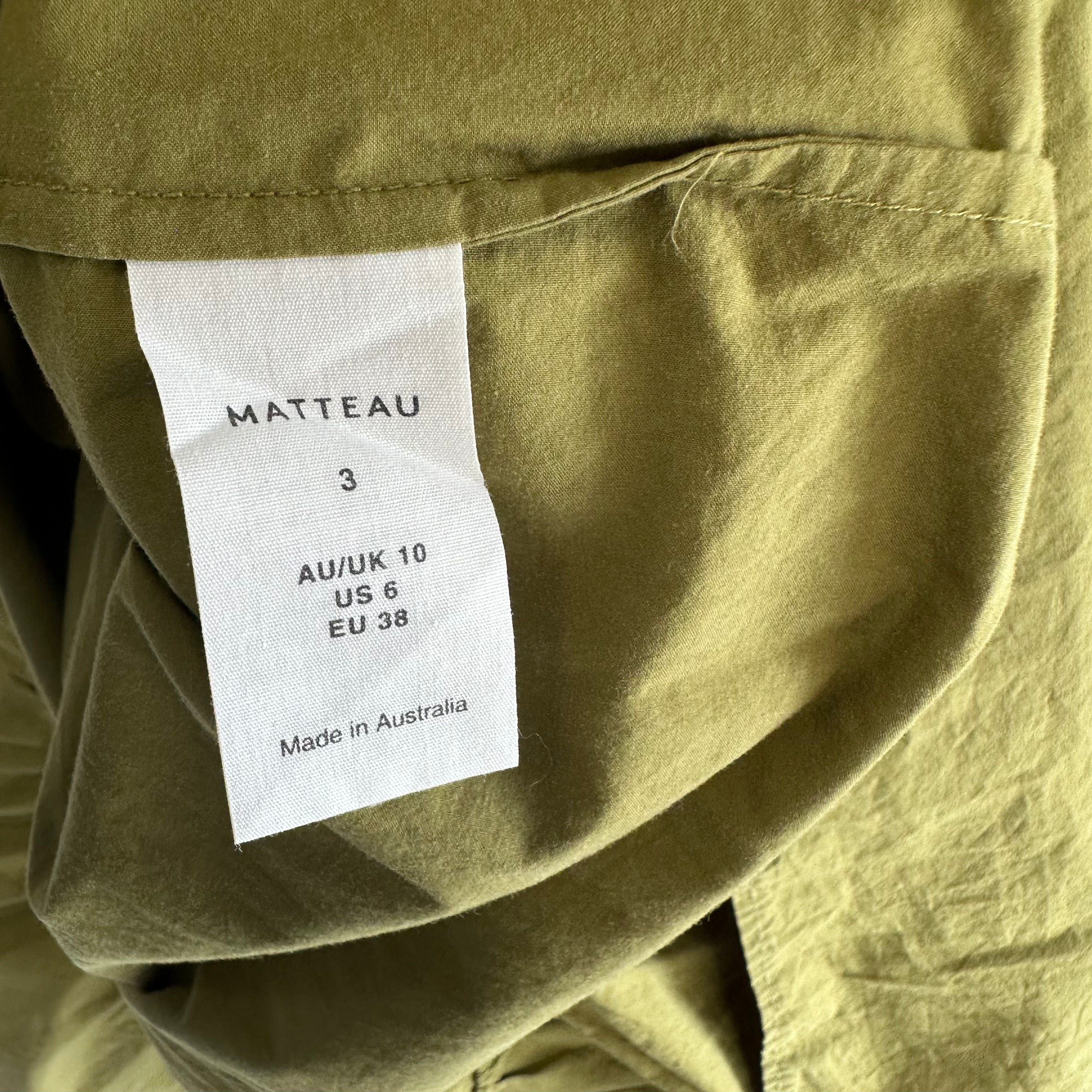 MATTEAU Drawcord Maxi Dress Size AU 10 US 6 Khaki Green Organic Cotton
