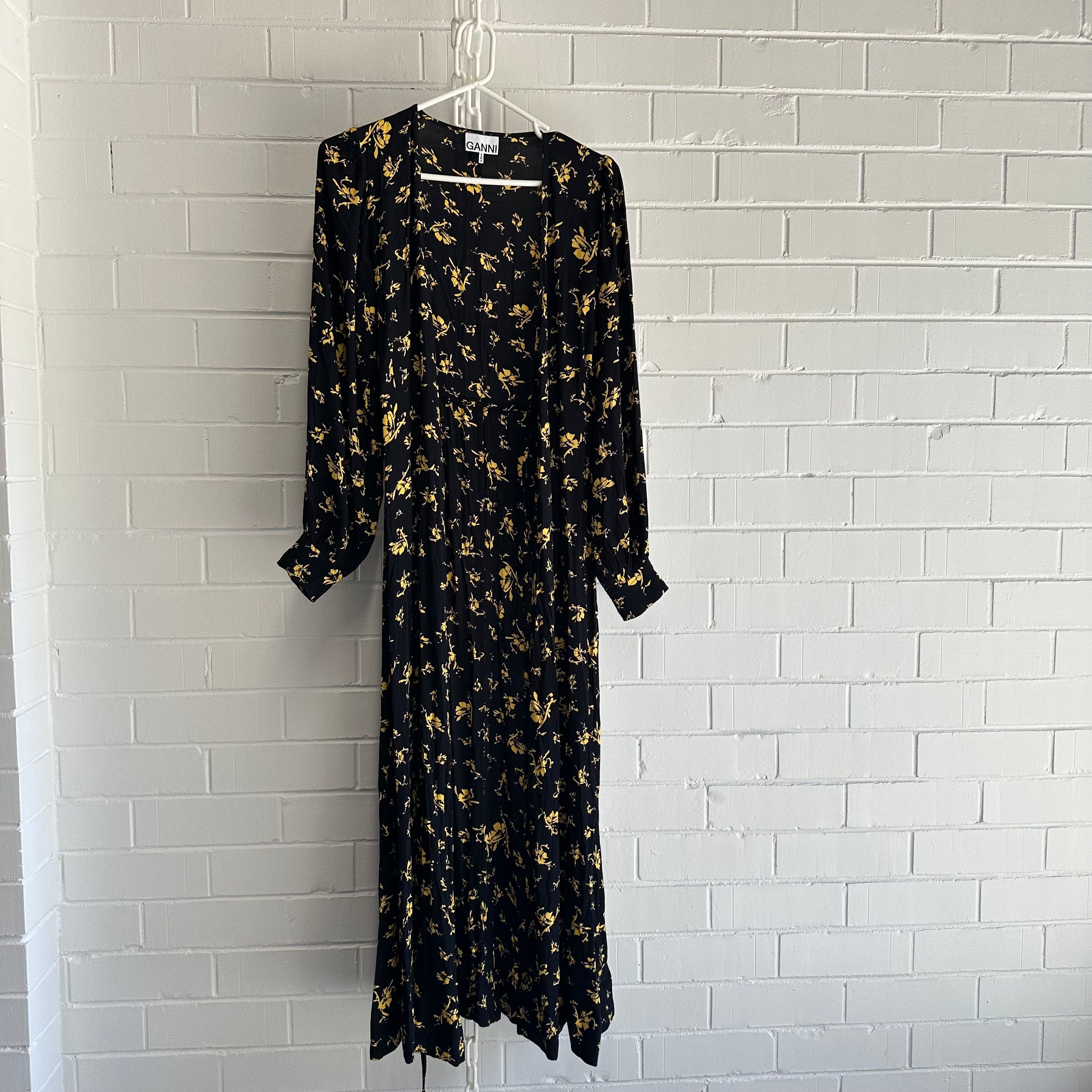 GANNI Black based floral, long Wrap Dress Size 40 AU12 US8 Balloon sleeve
