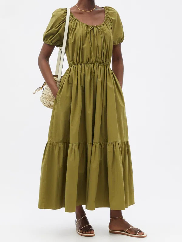 MATTEAU Drawcord Maxi Dress Size AU 10 US 6 Khaki Green Organic Cotton