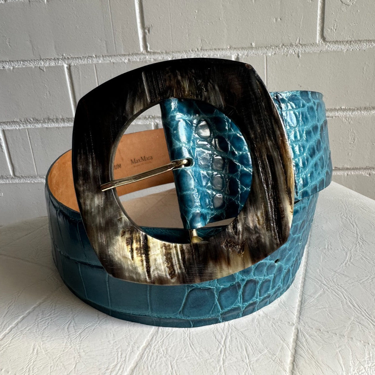 MAX MARA Atelier Leather Belt Made in Italy Size M Teal Statement