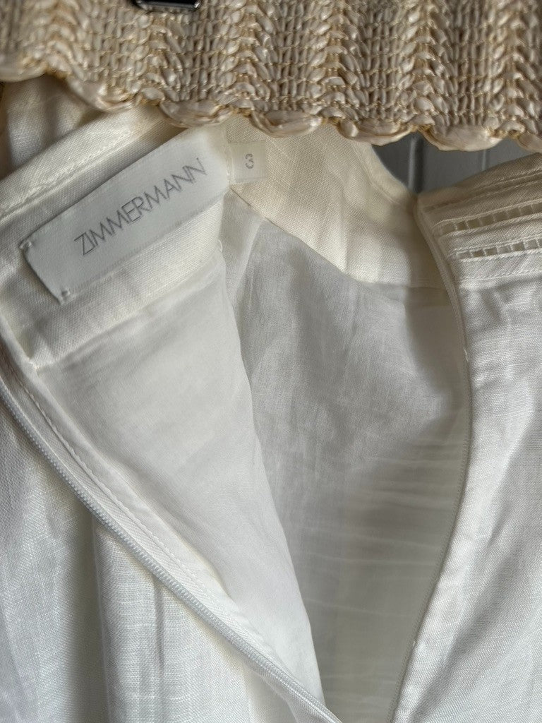 ZIMMERMANN Jude Belted Midi Skirt Sz 2 Ivory Linen Raffia belt