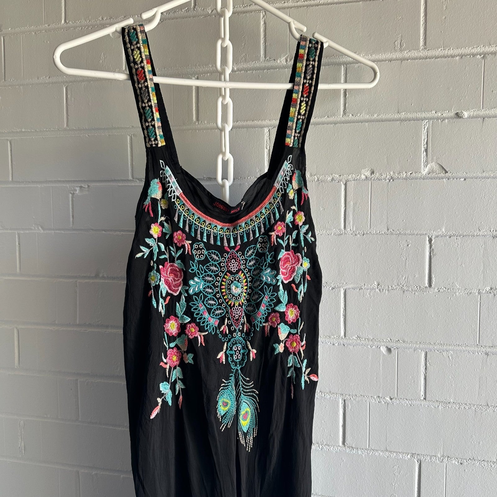 Johnny Was Black Embroidered Boho Midi Dress - Size S - Floral Peacock