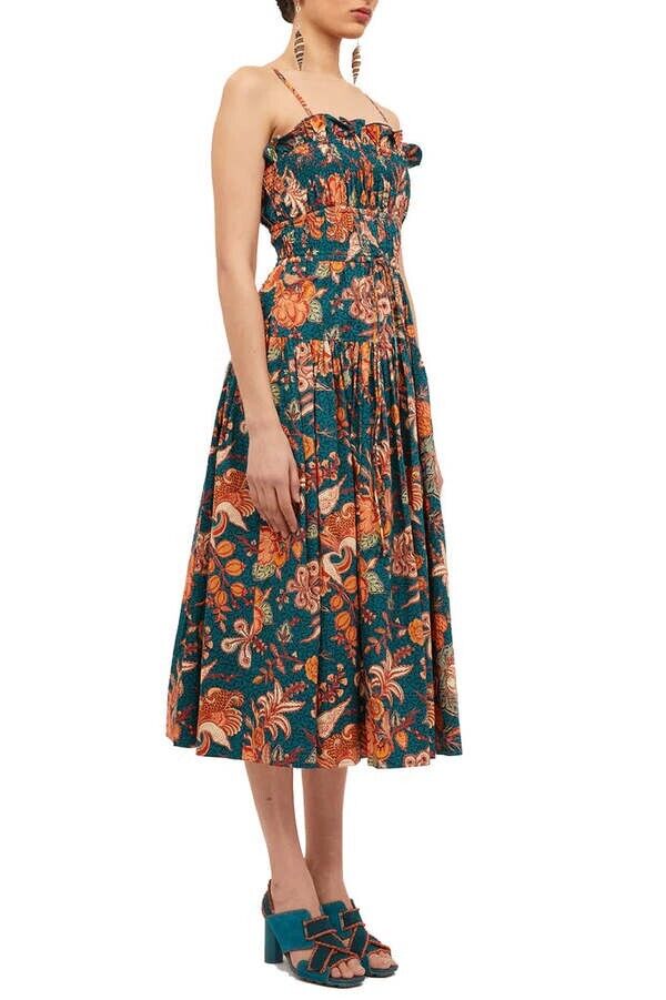 ULLA JOHNSON Smocked Floral Teal Delphinium Lisbet MIDI Dress Size AU6 US2
