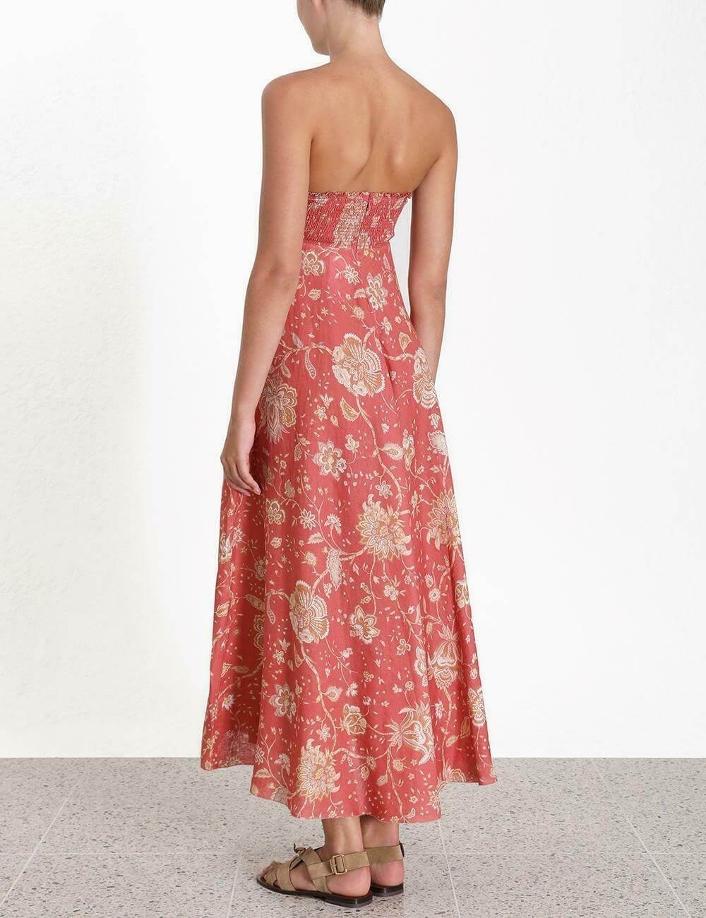 ZIMMERMANN Veneto strapless printed linen midi dress Sz 3 AU12