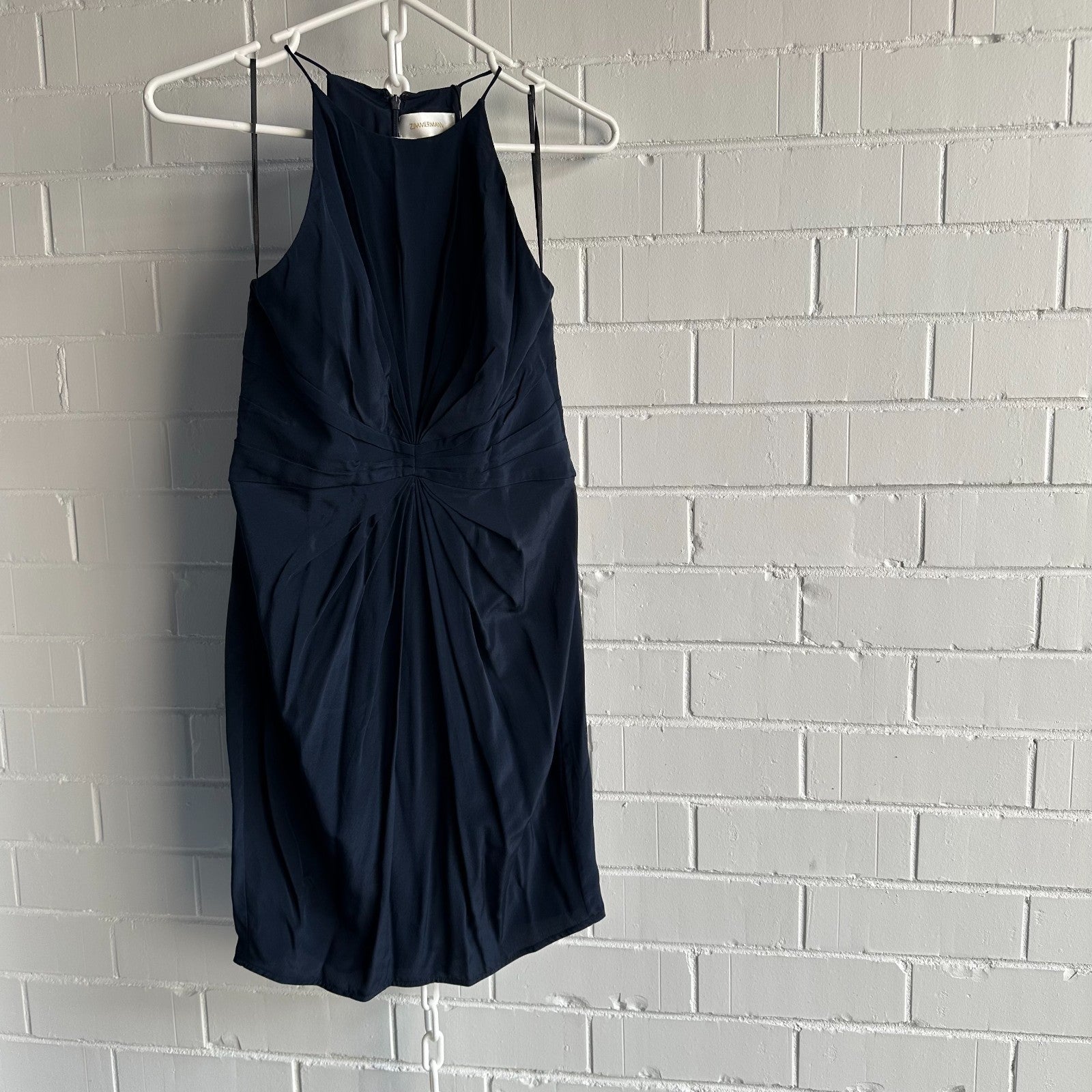 ZIMMERMANN Silk Ray Short Dress Size 2 AU12 Navy Tuck detail Halter neck