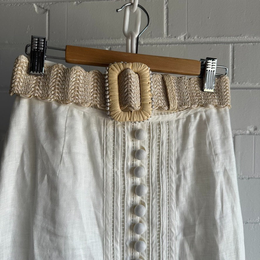 ZIMMERMANN Jude Belted Midi Skirt Sz 2 Ivory Linen Raffia belt